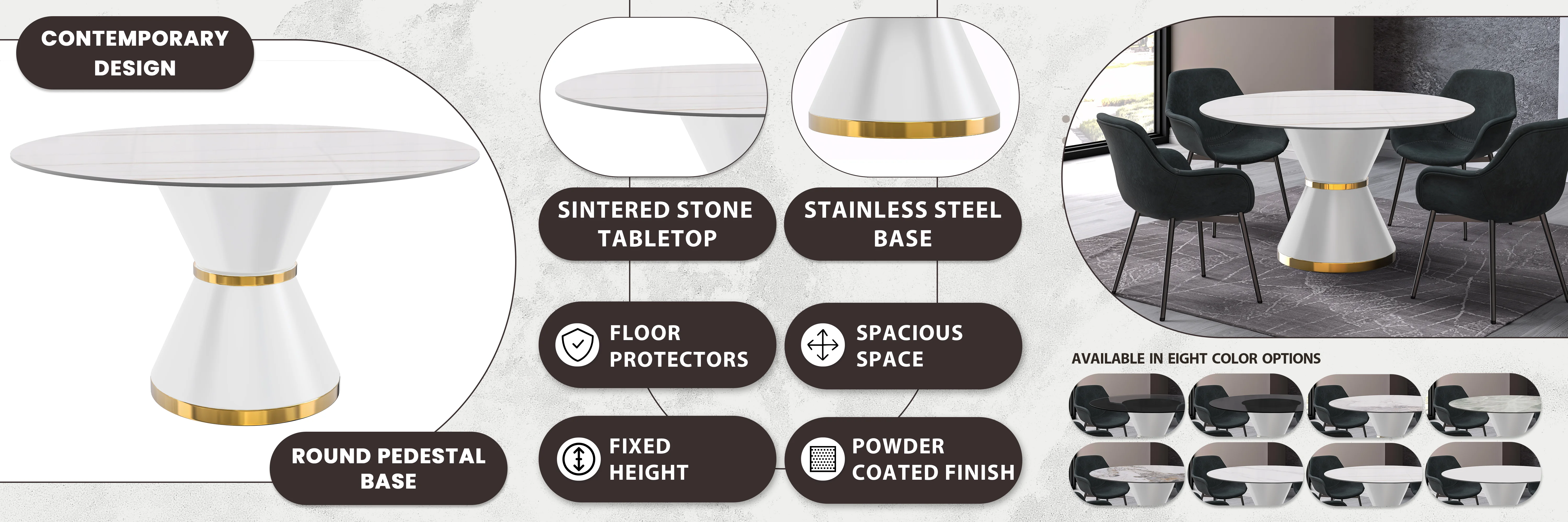 Qorvus Series Round Dining Table White\Gold Base with 60 Round White/Gold Sintered Stone Top