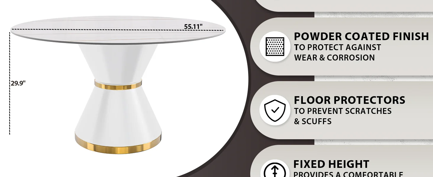 Qorvus Series Round Dining Table White\Gold Base with 60 Round White/Gold Sintered Stone Top