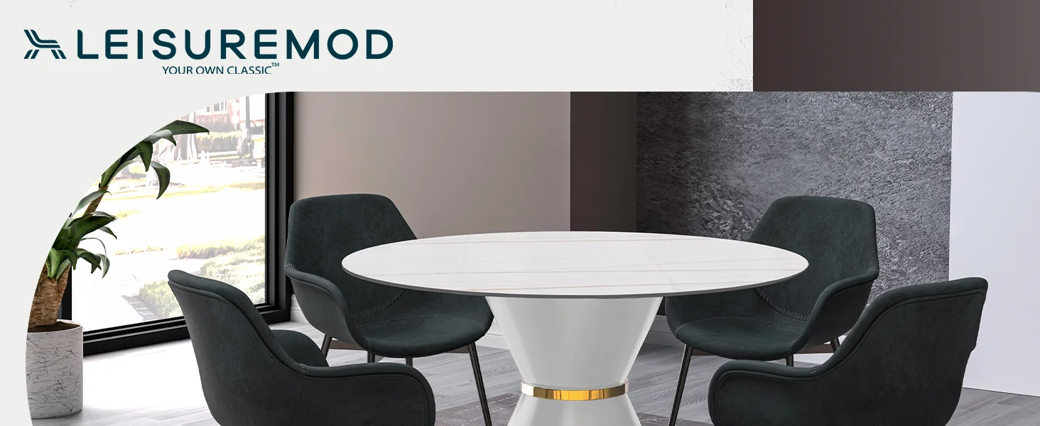 Qorvus Series Round Dining Table White\Gold Base with 60 Round White/Gold Sintered Stone Top