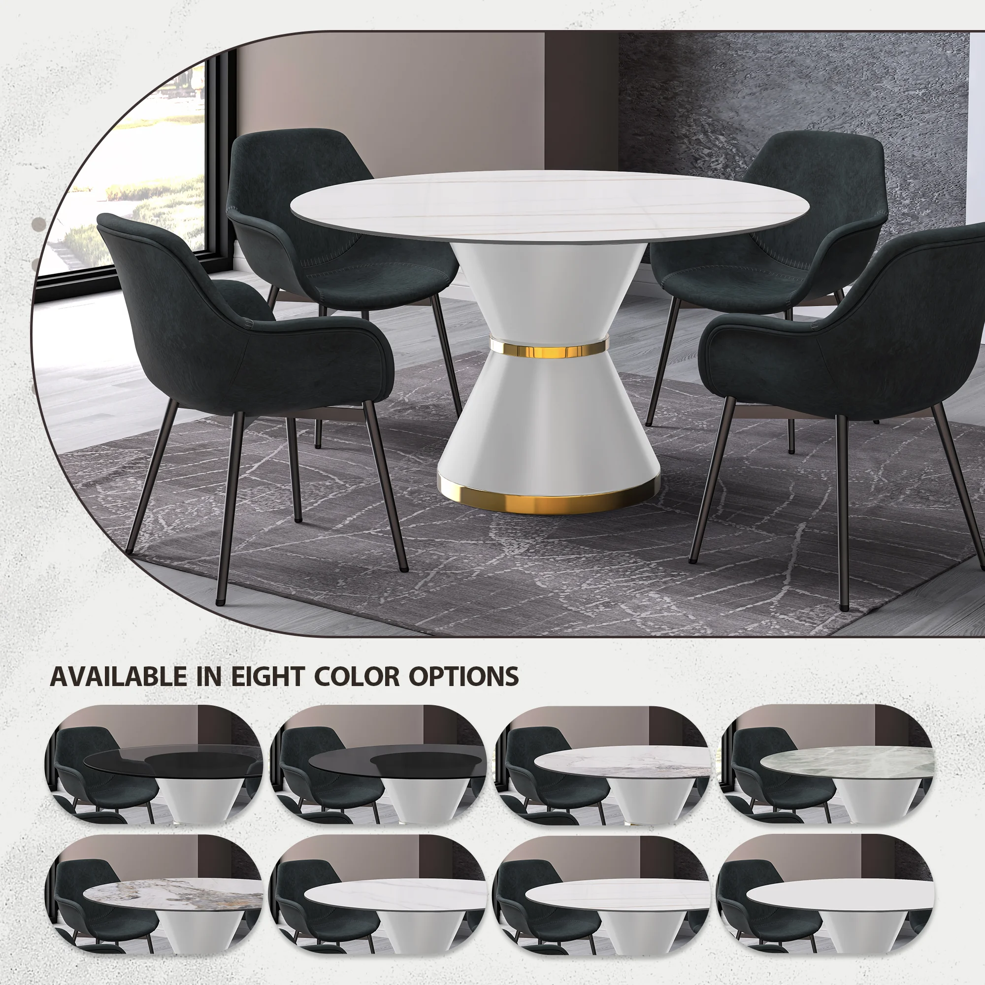 Qorvus Series Round Dining Table White\Gold Base with 60 Round White/Gold Sintered Stone Top