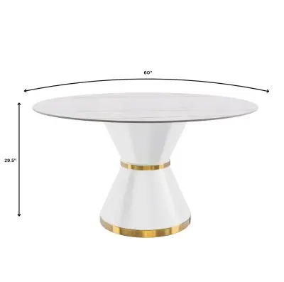 Qorvus Series Round Dining Table White\Gold Base with 60 Round White/Gold Sintered Stone Top