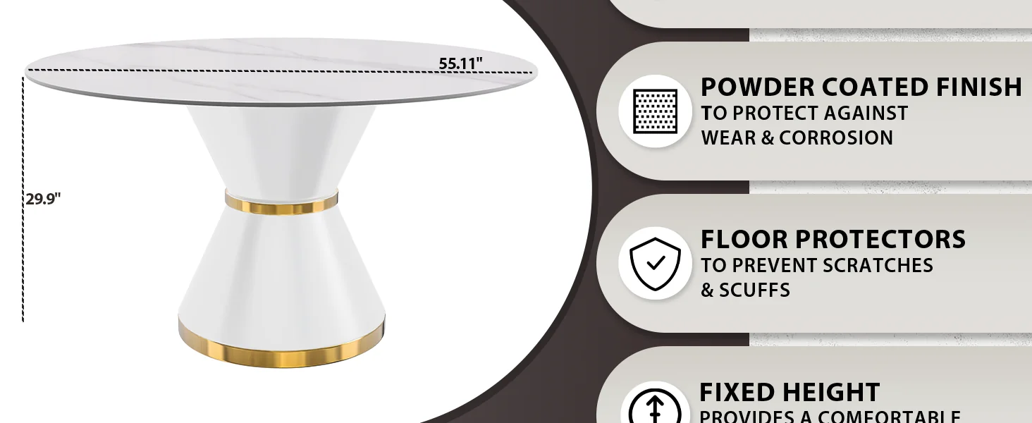 Qorvus Series Round Dining Table White\Gold Base with 60 Round White Sintered Stone Top