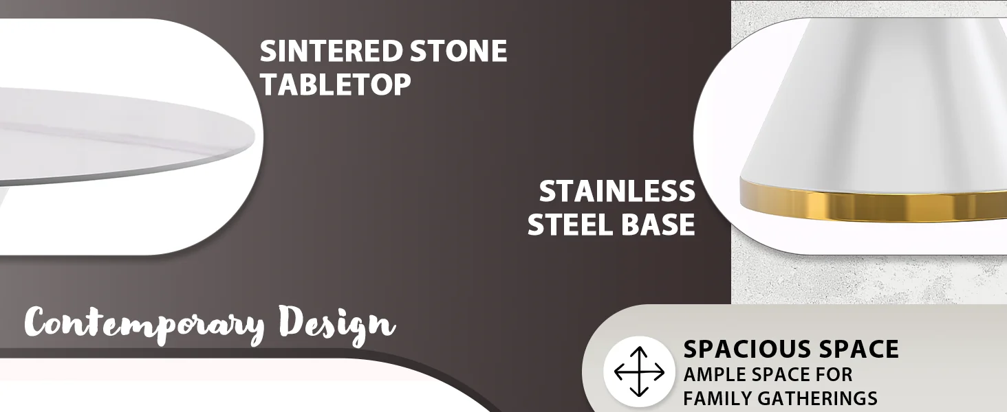 Qorvus Series Round Dining Table White\Gold Base with 60 Round White Sintered Stone Top