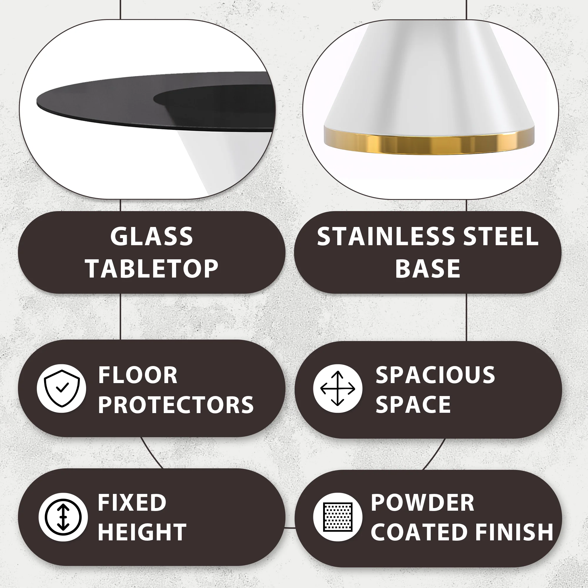 Qorvus Series Round Dining Table White\Gold Base with 71 Round BLack Glass Top