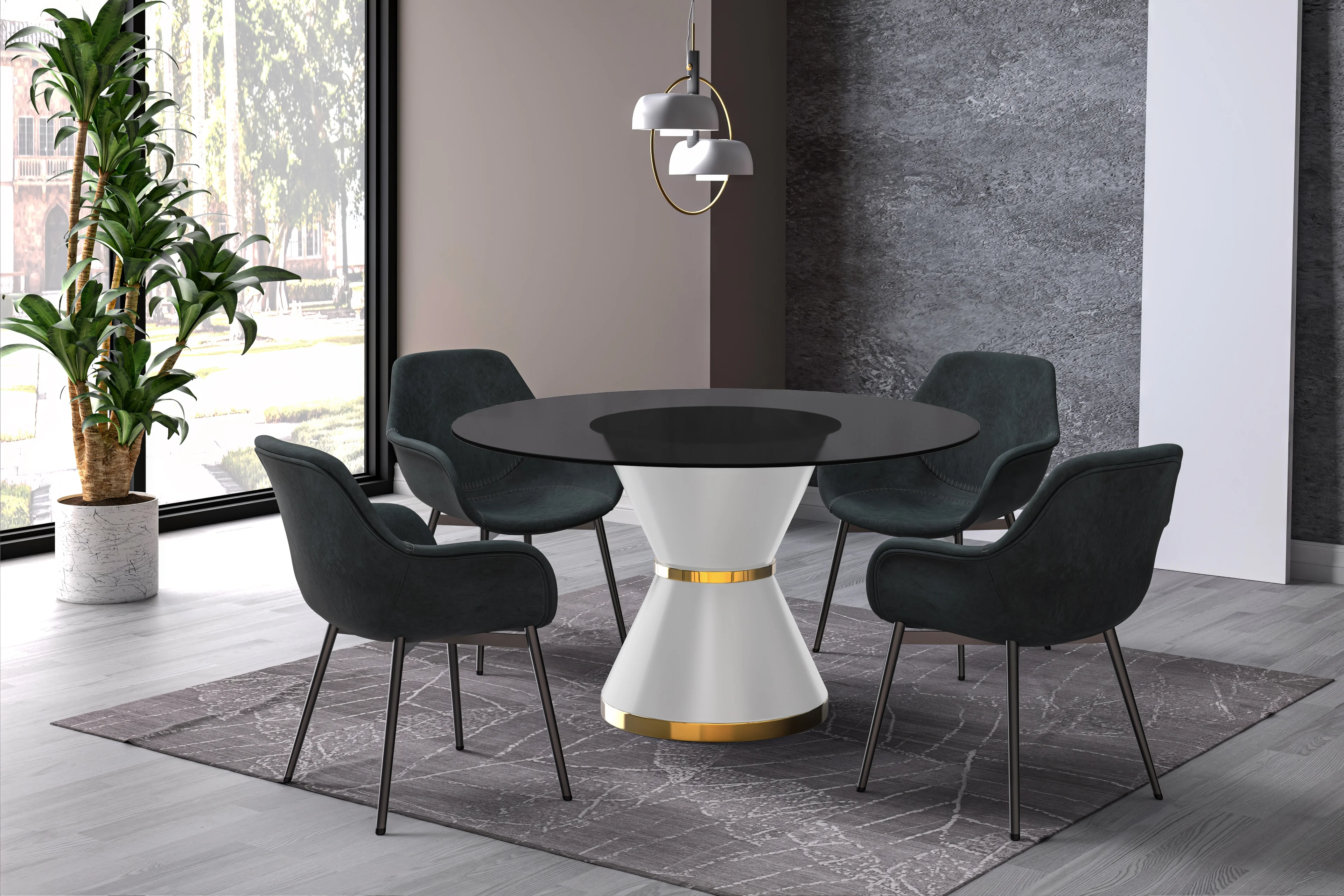 Qorvus Series Round Dining Table White\Gold Base with 71 Round BLack Glass Top