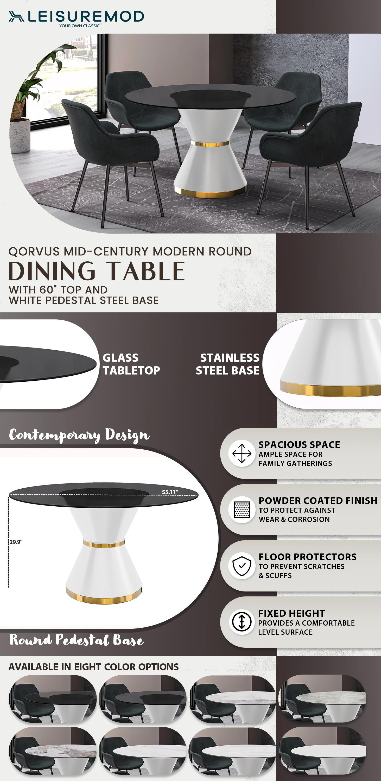 Qorvus Series Round Dining Table White\Gold Base with 71 Round BLack Glass Top