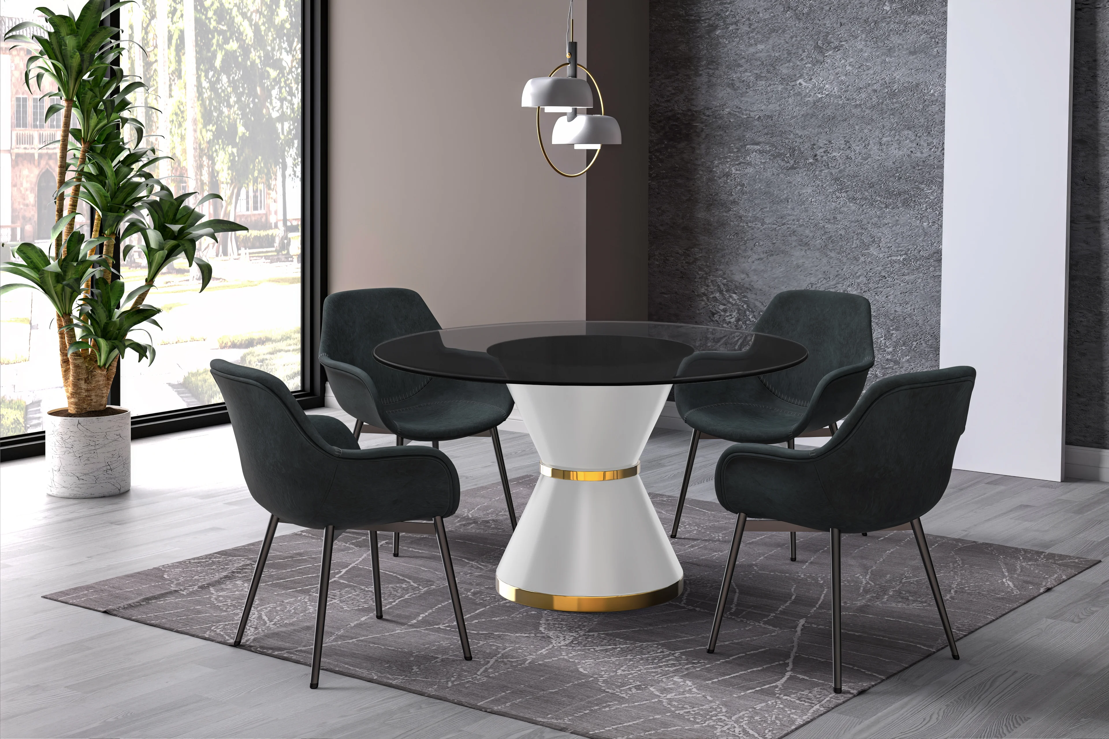 Qorvus Series Round Dining Table White\Gold Base with 71 Round Clear Glass Top