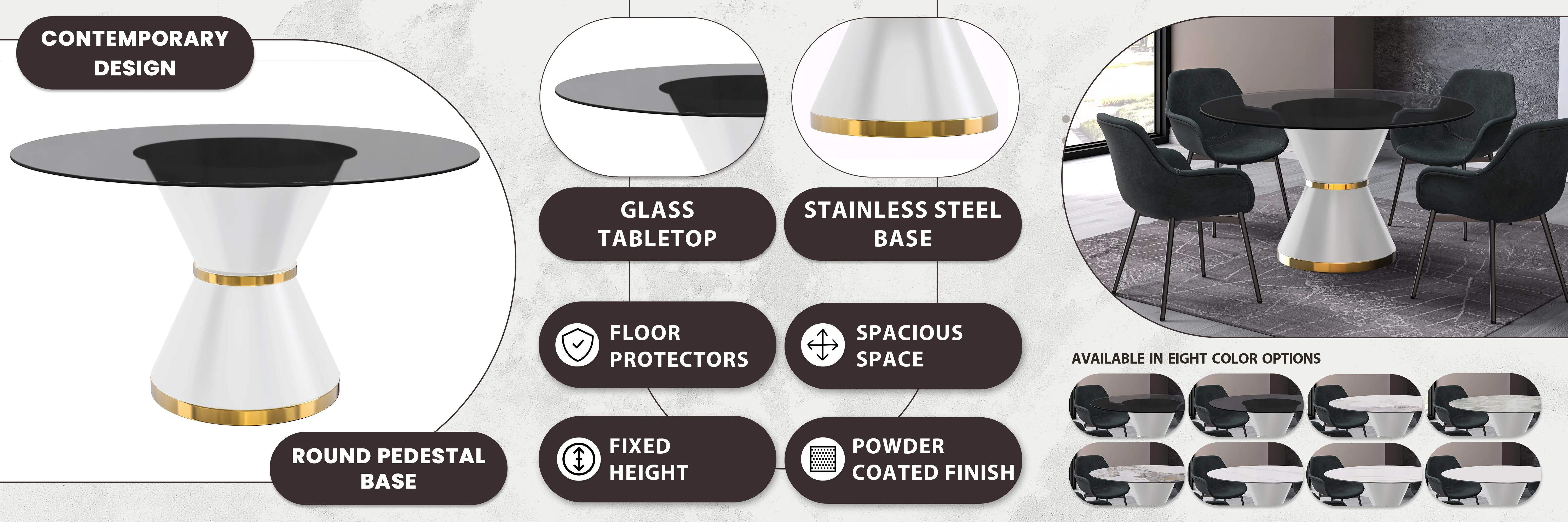 Qorvus Series Round Dining Table White\Gold Base with 71 Round Clear Glass Top