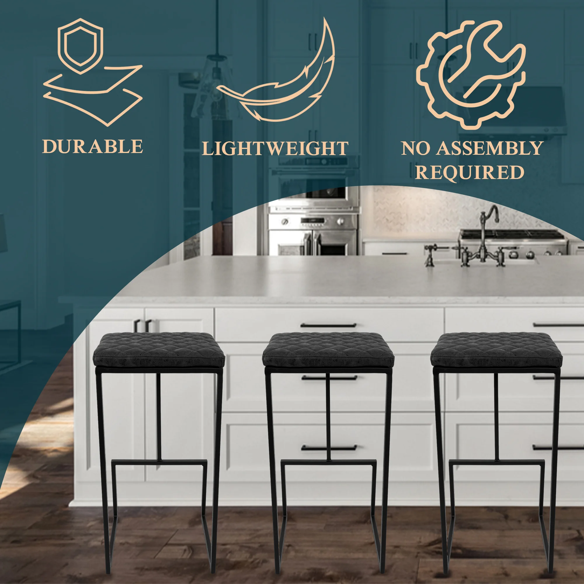 Quincy Quilted Stitched Leather Bar Stools With Metal Frame