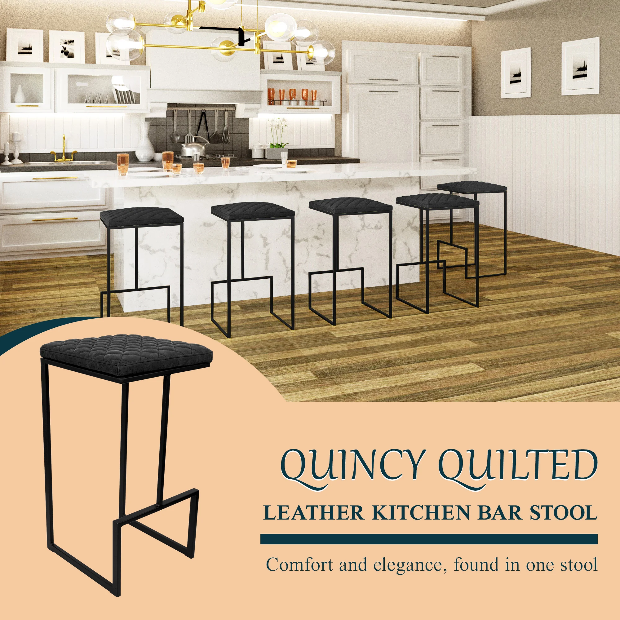 Quincy Leather Bar Stools With Metal Frame Set of 2