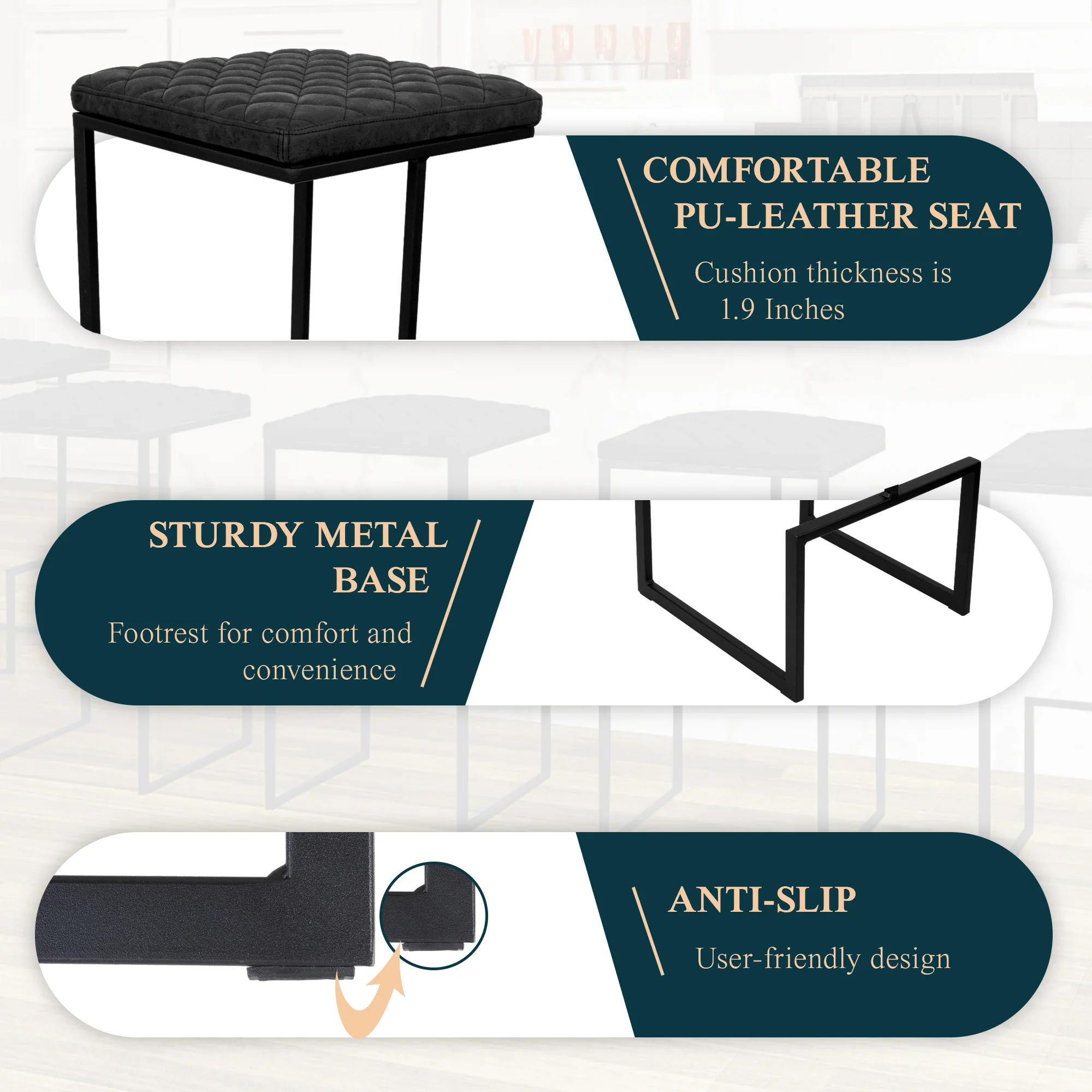 Quincy Leather Bar Stools With Metal Frame Set of 2