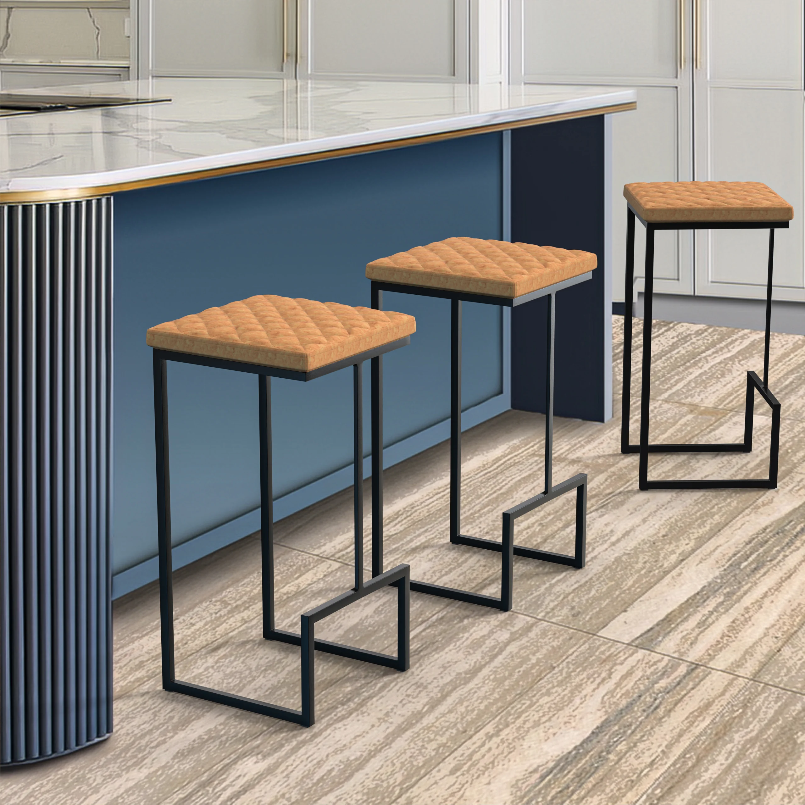 Quincy Quilted Stitched Leather Bar Stools With Metal Frame