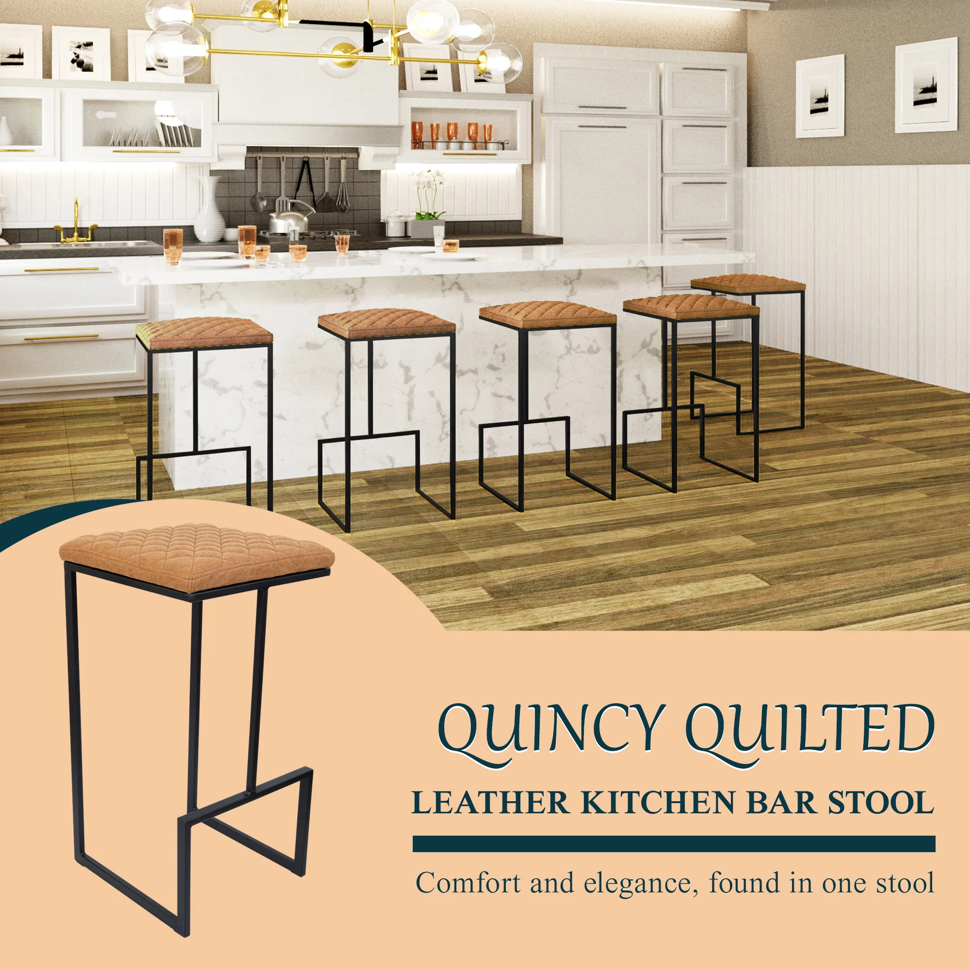 Quincy Leather Bar Stools With Metal Frame Set of 2