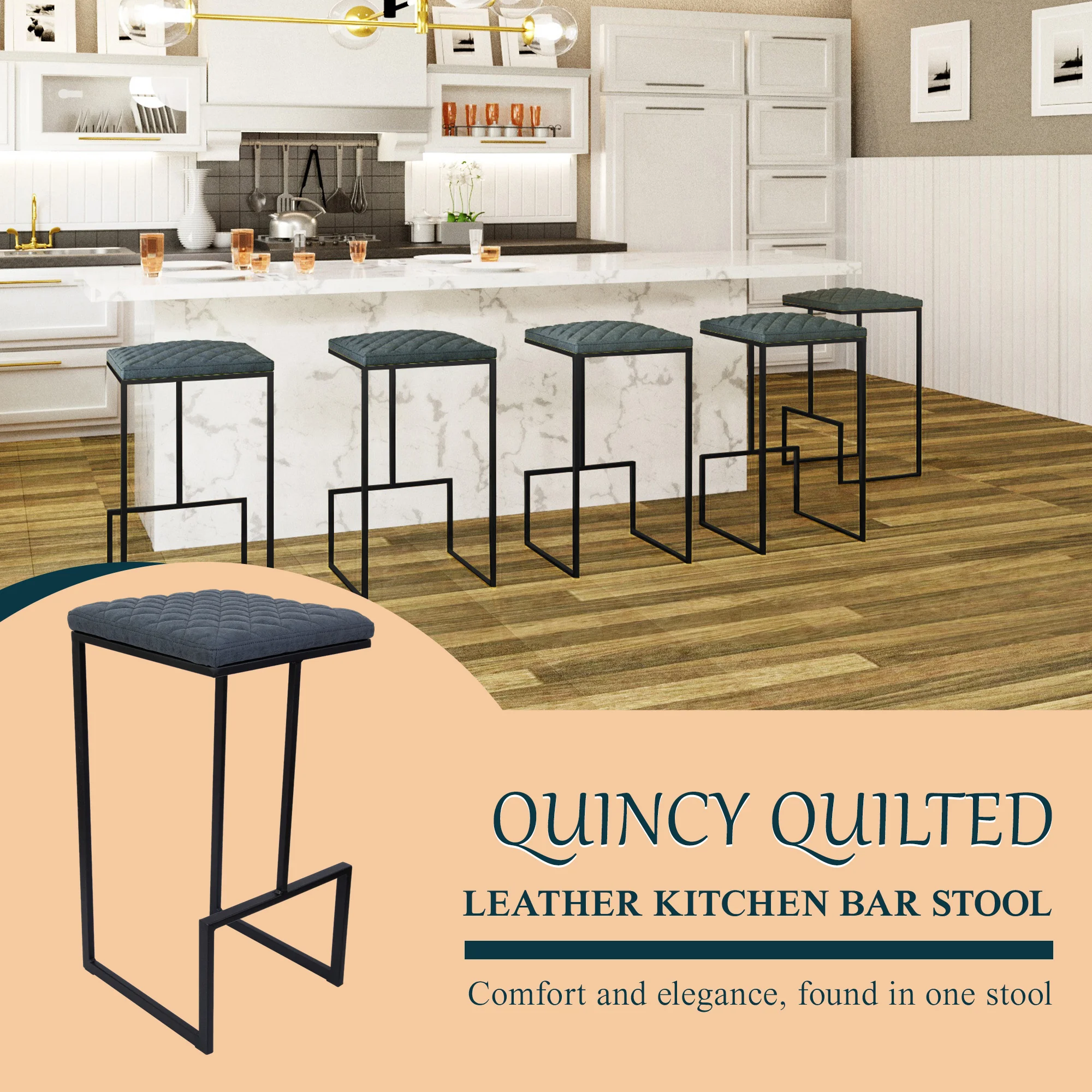 Quincy Leather Bar Stools With Metal Frame Set of 2