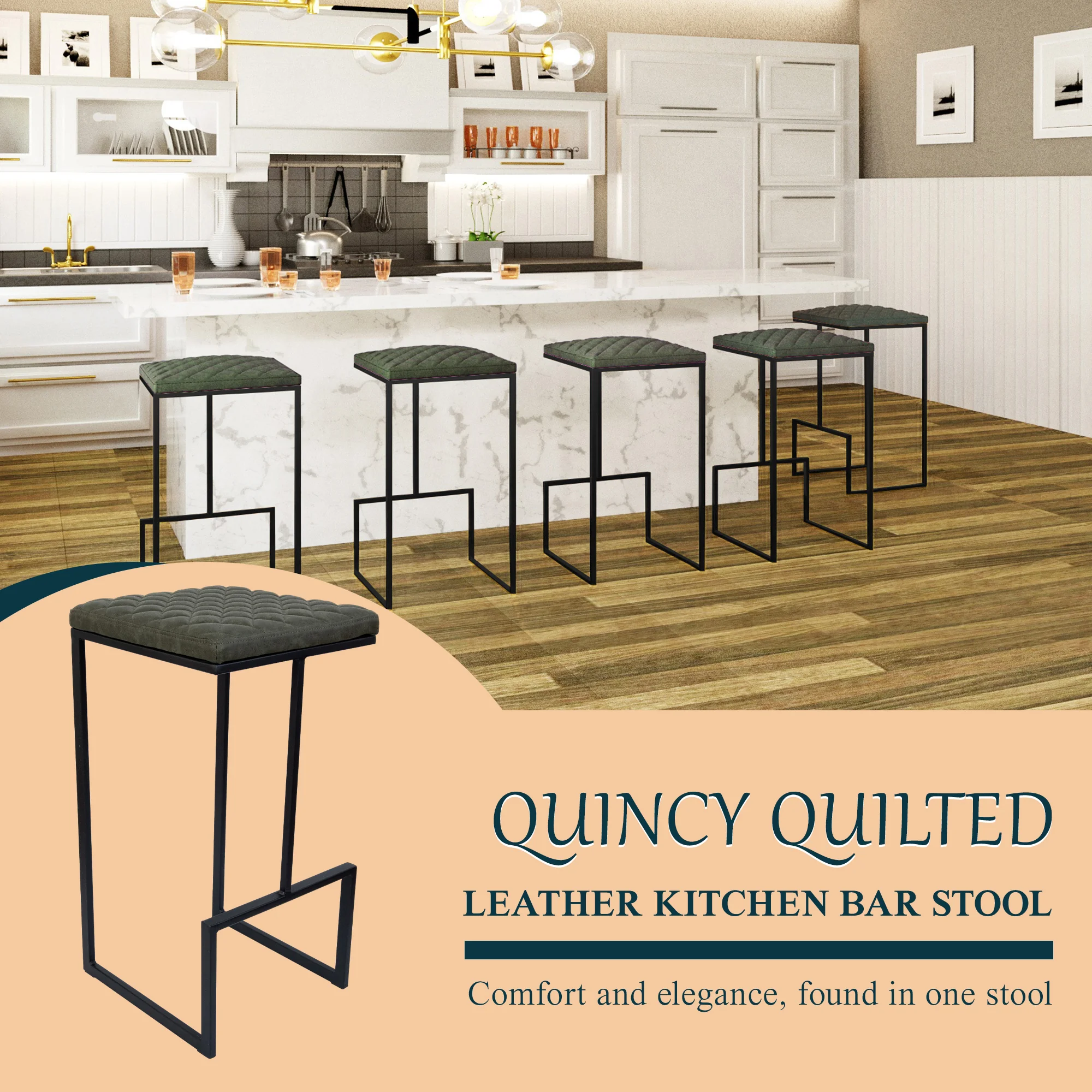 Quincy Leather Bar Stools With Metal Frame Set of 2