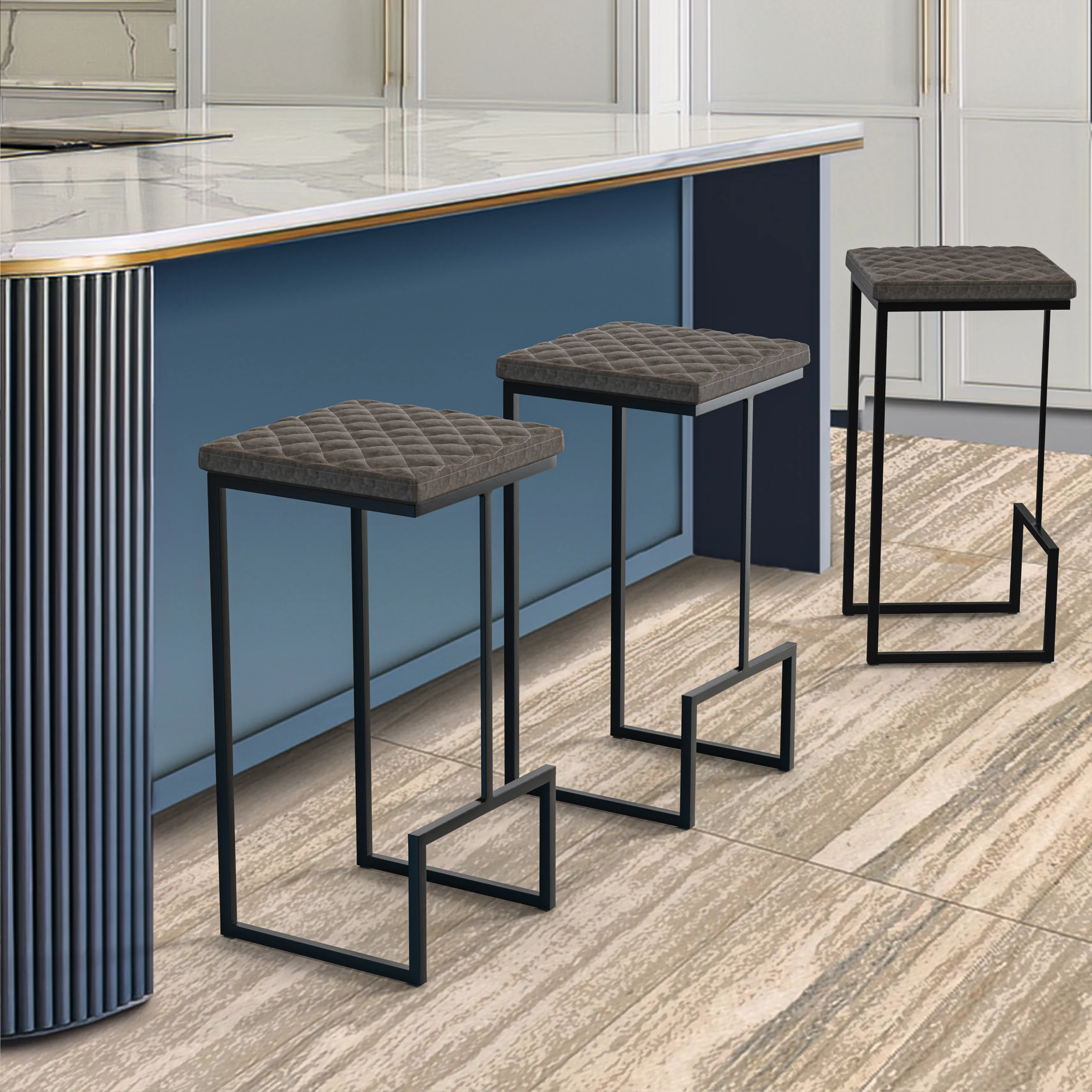 Quincy Quilted Stitched Leather Bar Stools With Metal Frame