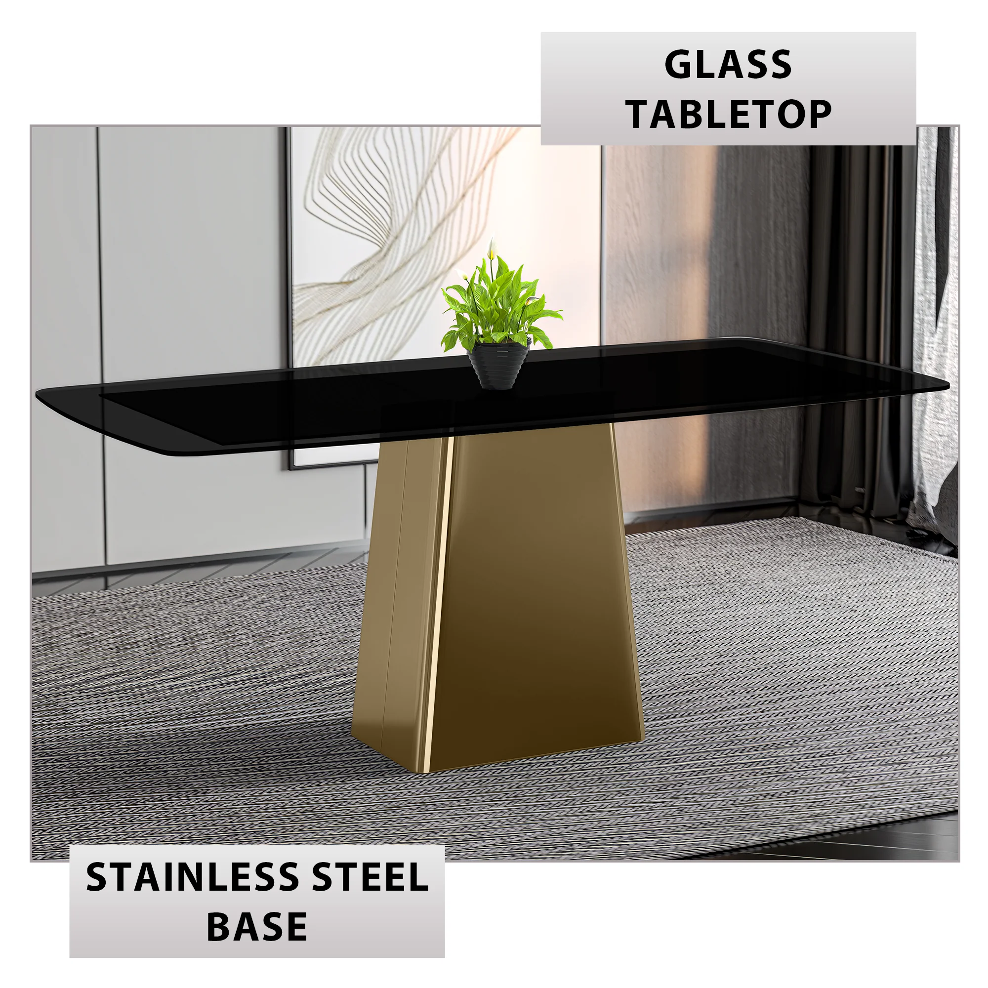 Quinix Series Dining Table, Gold Base With 55" Black Glass Top