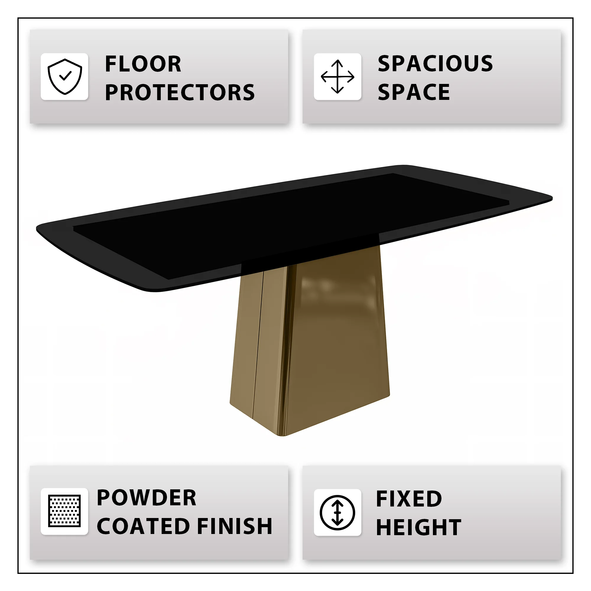 Quinix Series Dining Table, Gold Base With 55" Black Glass Top