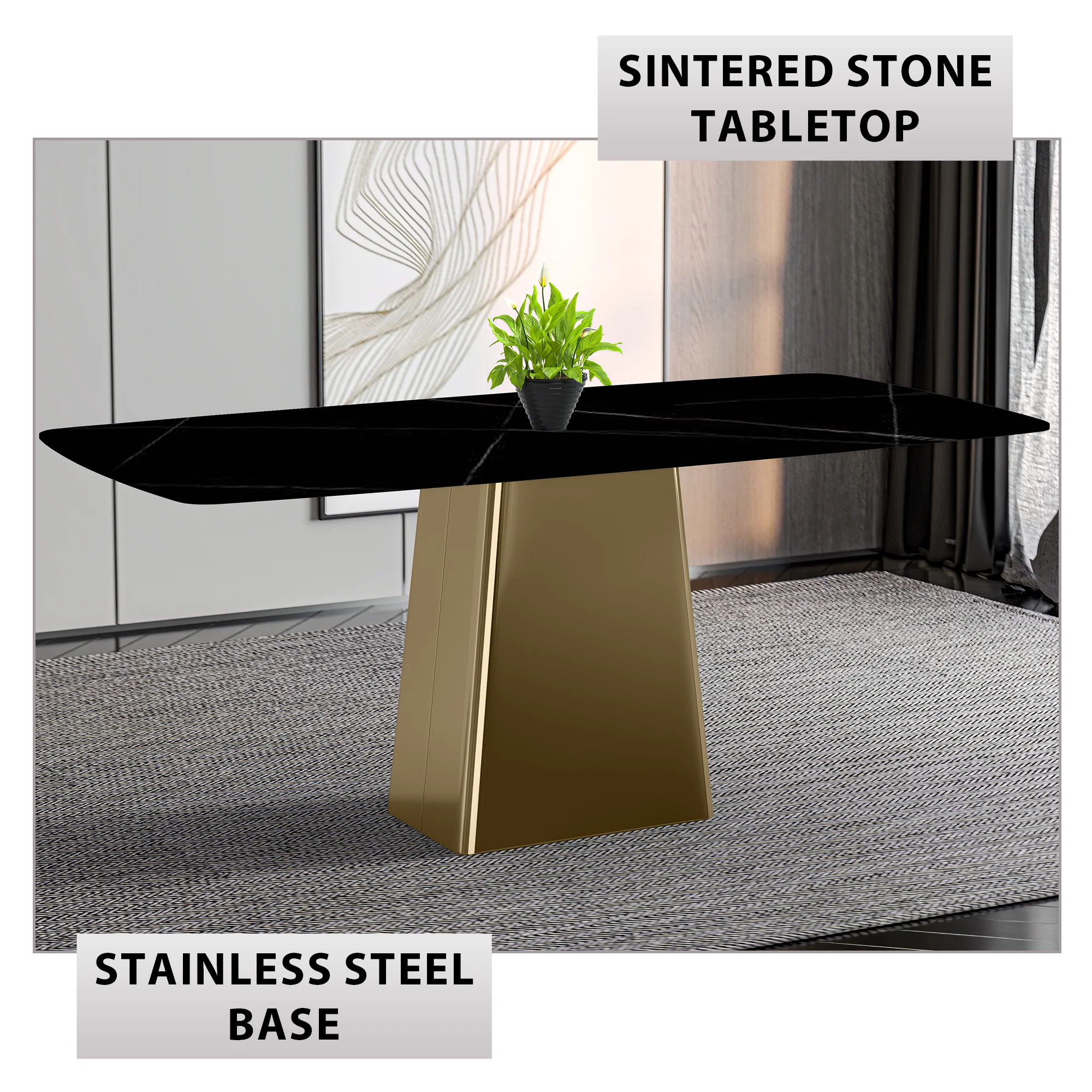 Quinix Series Dining Table, Gold Base With 55" Black/Gold Sintered Stone Top