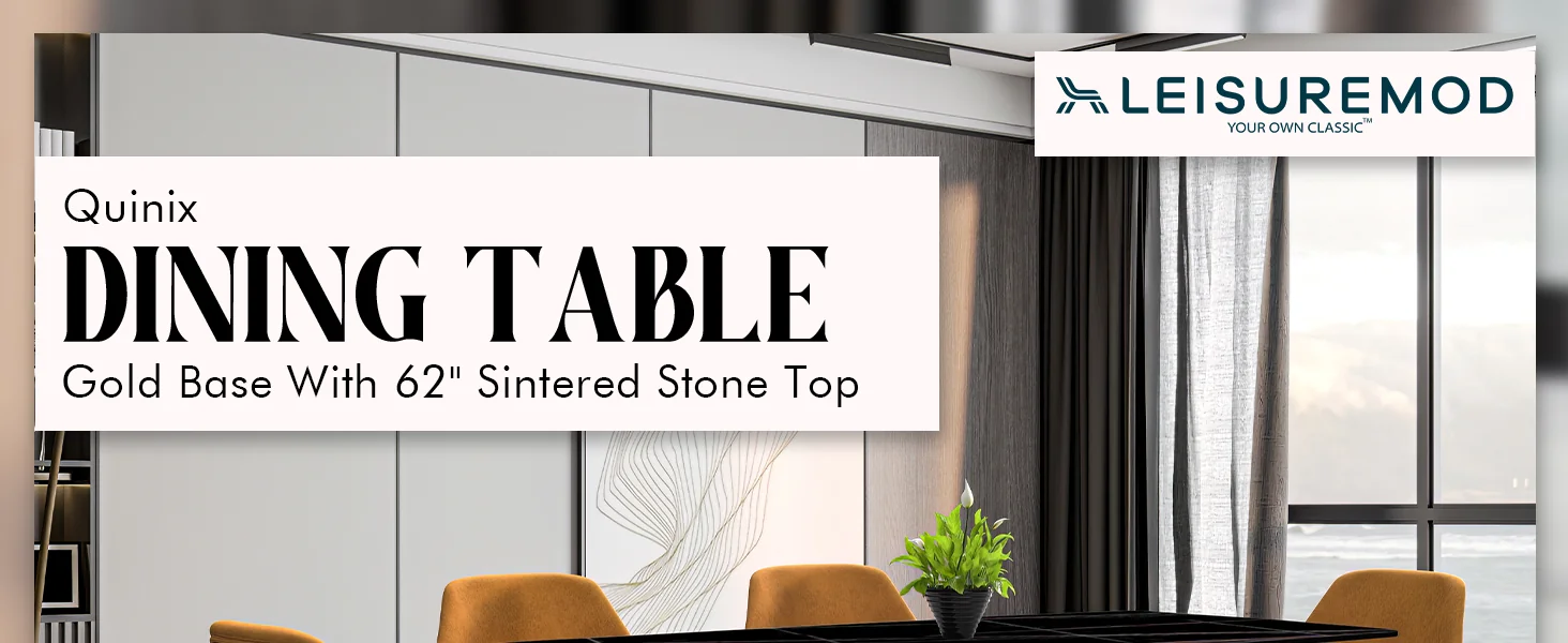 Quinix Series Dining Table, Gold Base With 55" Black/Gold Sintered Stone Top