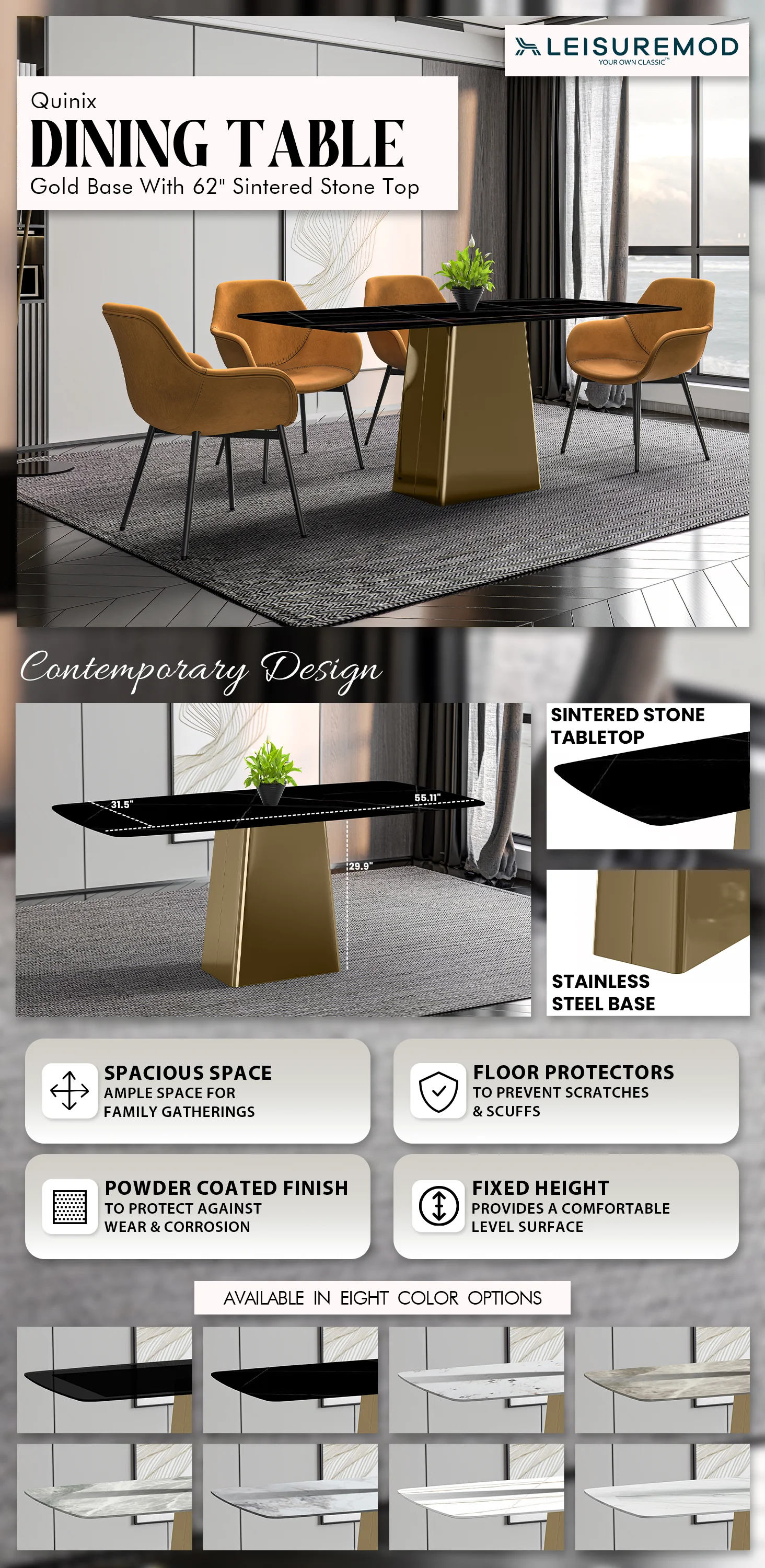 Quinix Series Dining Table, Gold Base With 55" Black/Gold Sintered Stone Top