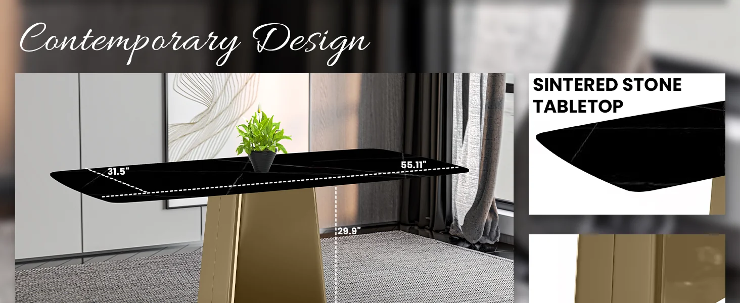 Quinix Series Dining Table, Gold Base With 55" Black/Gold Sintered Stone Top