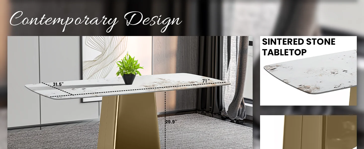 Quinix Series Dining Table, Gold Base With 55" White Grey Sintered Stone Top