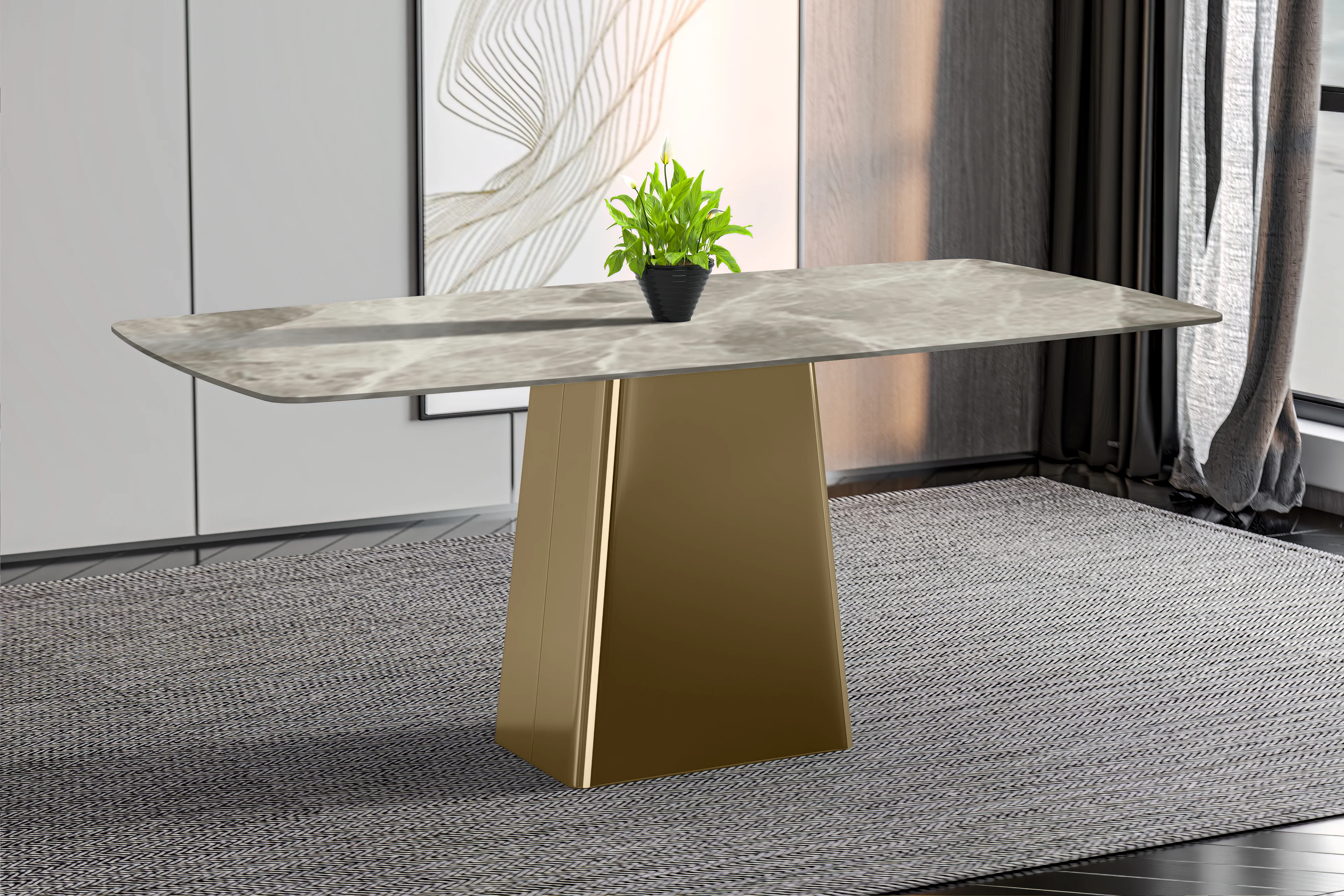 Quinix Series Dining Table, Gold Base With 55" Deep Grey Sintered Stone Top