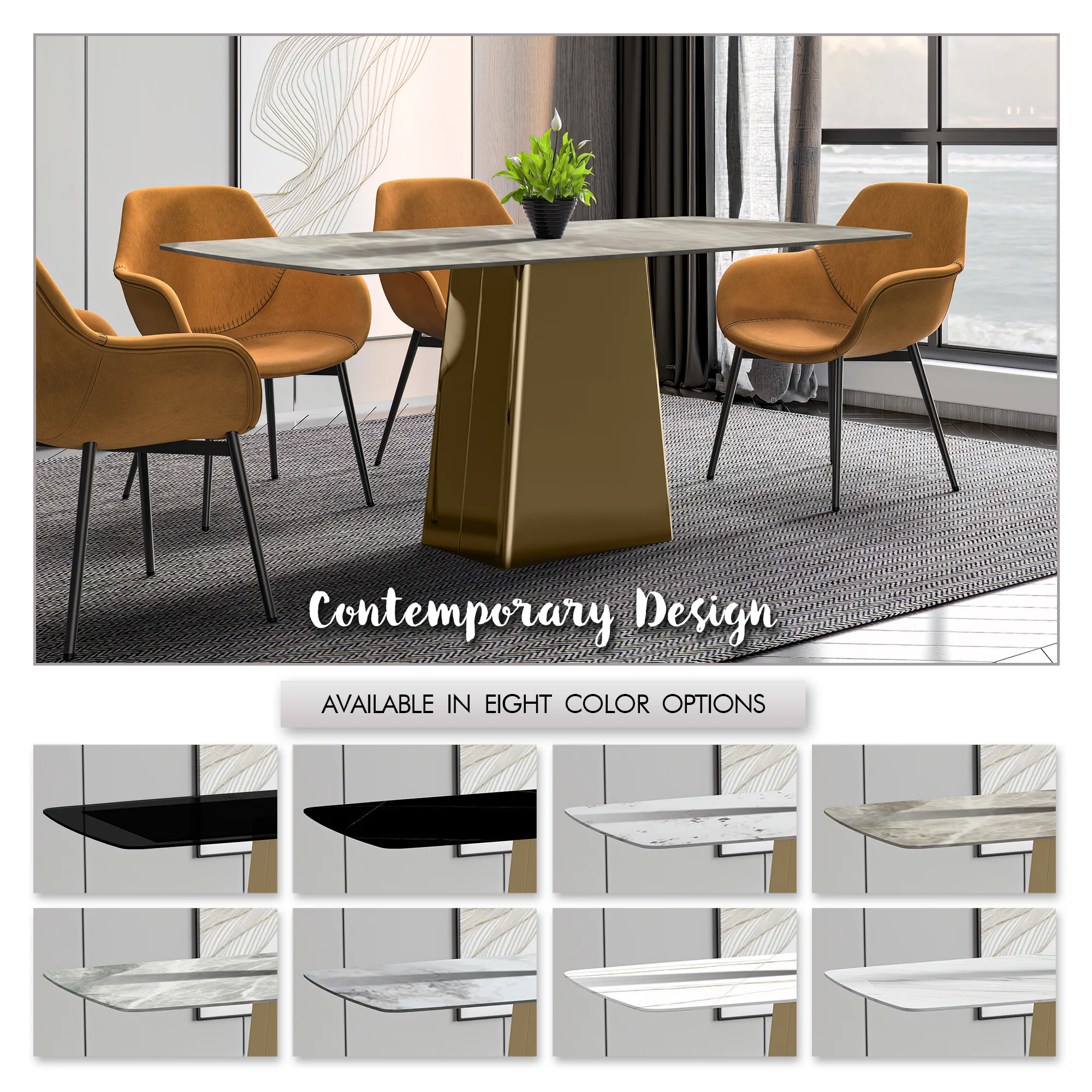 Quinix Series Dining Table, Gold Base With 55" Deep Grey Sintered Stone Top