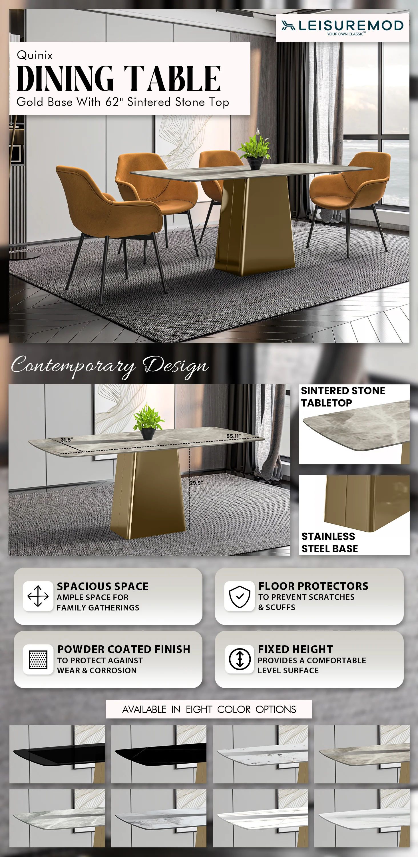 Quinix Series Dining Table, Gold Base With 55" Deep Grey Sintered Stone Top