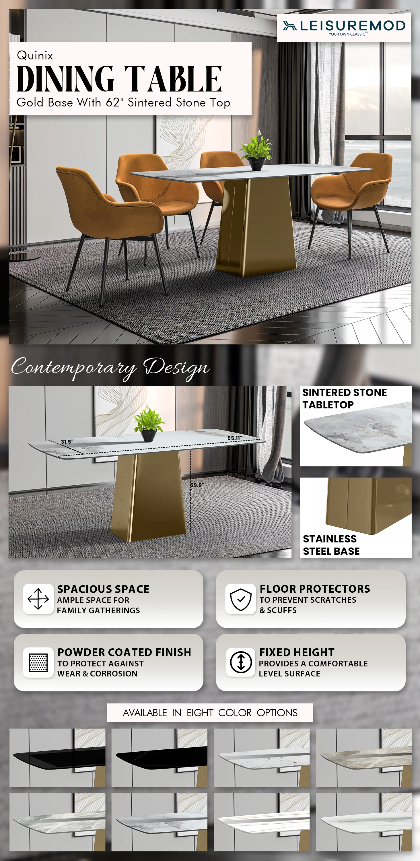 Quinix Series Dining Table, Gold Base With 55" Medium Grey Sintered Stone Top