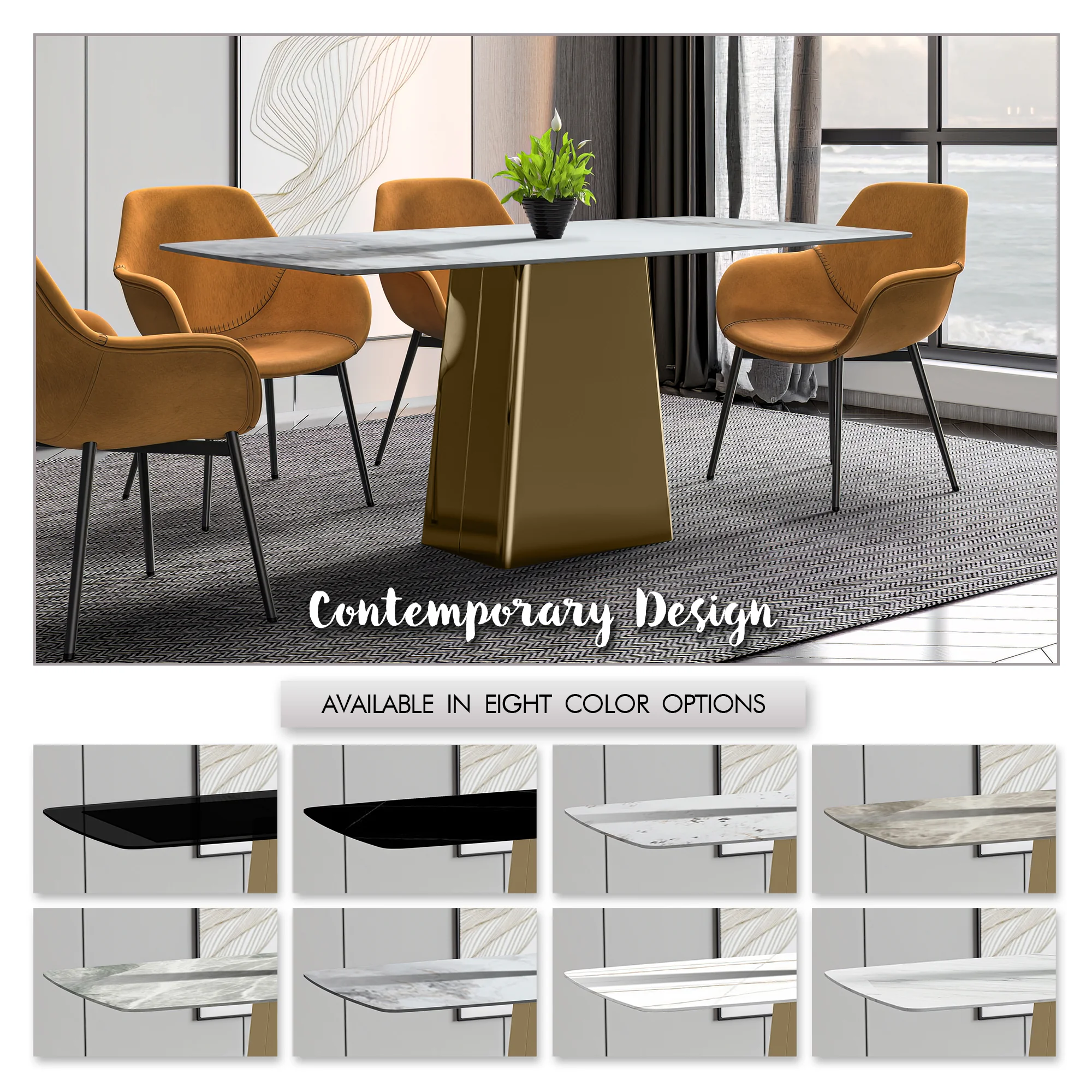 Quinix Series Dining Table, Gold Base With 55" Medium Grey Sintered Stone Top