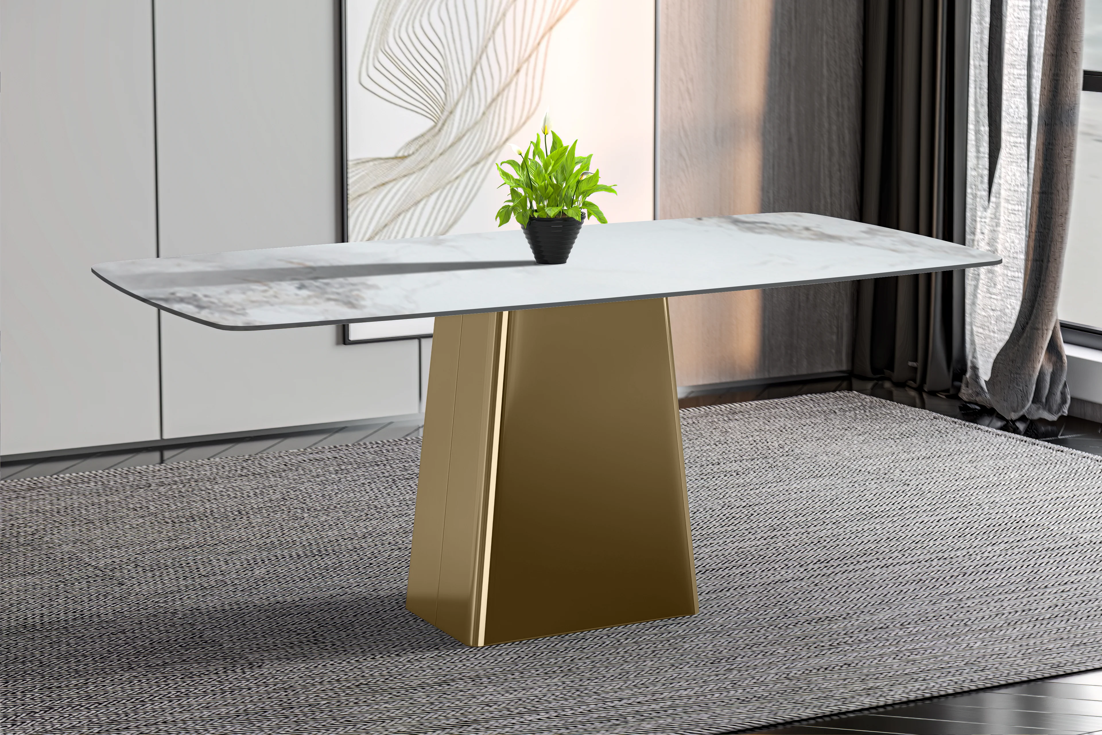 Quinix Series Dining Table, Gold Base With 55" Medium Grey Sintered Stone Top