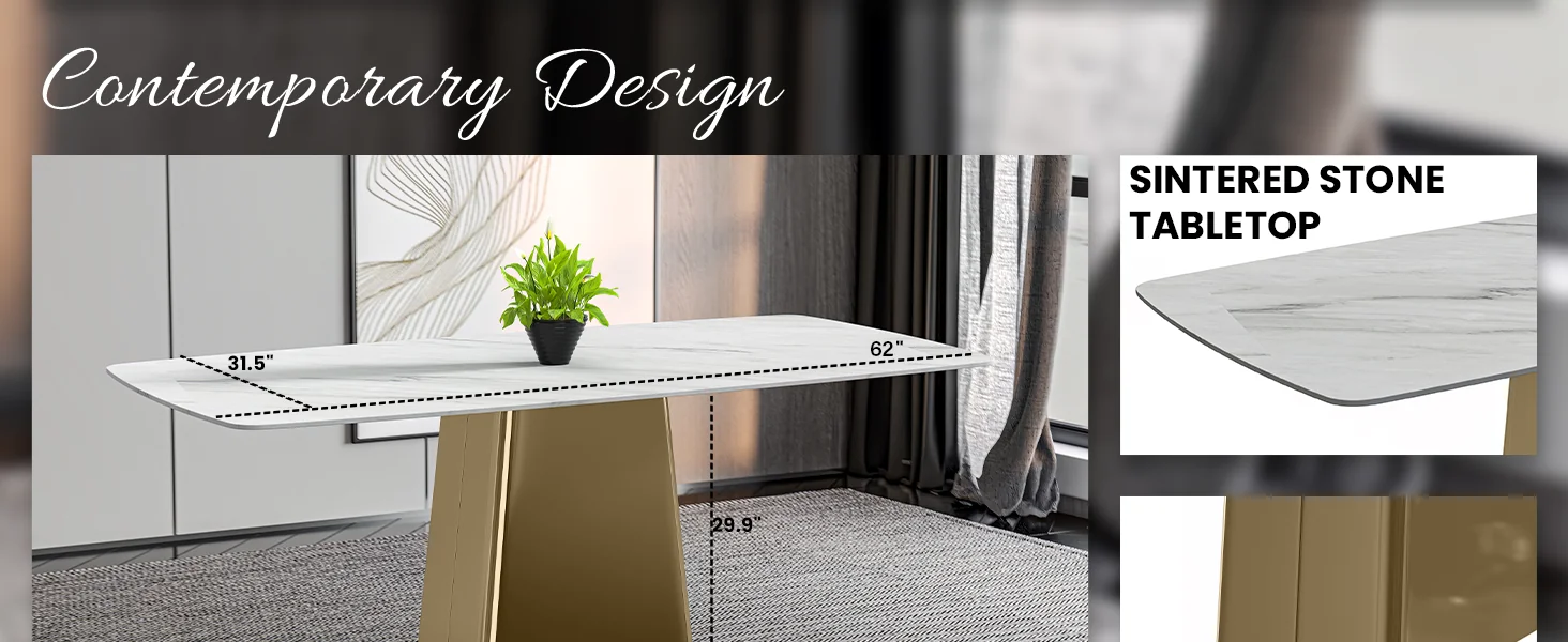 Quinix Series Dining Table, Gold Base With 55" White Sintered Stone Top