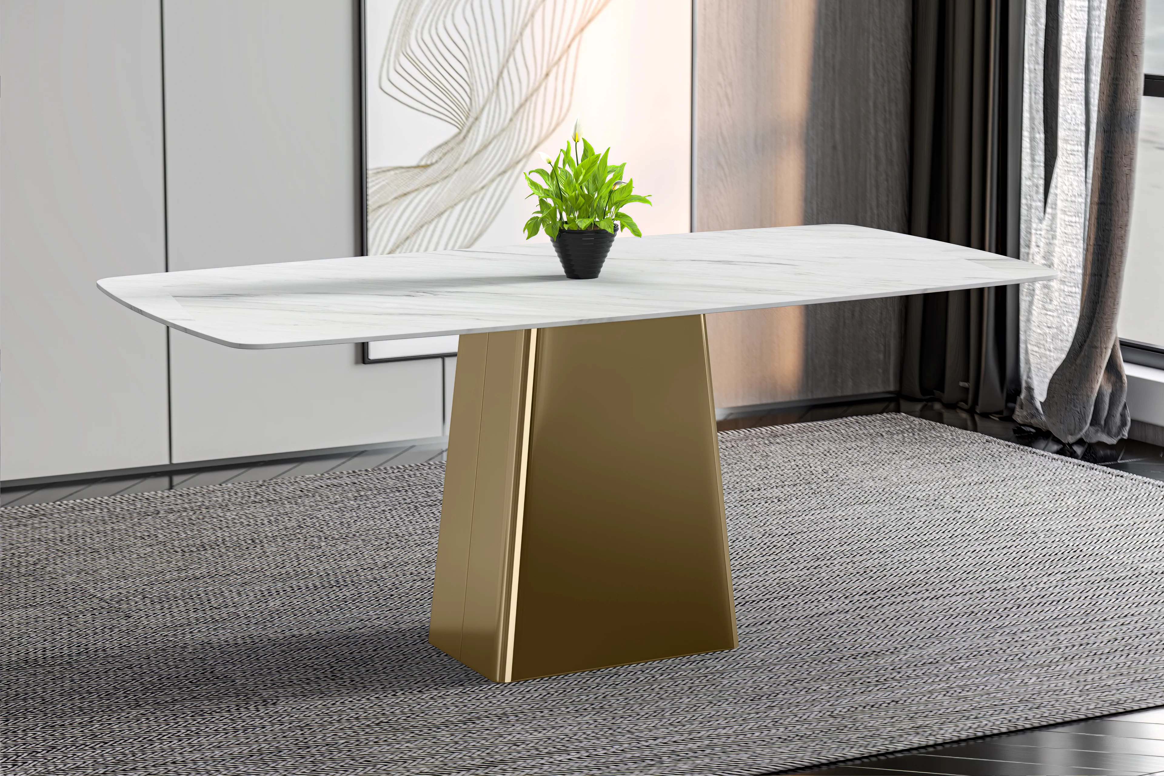 Quinix Series Dining Table, Gold Base With 55" White Sintered Stone Top