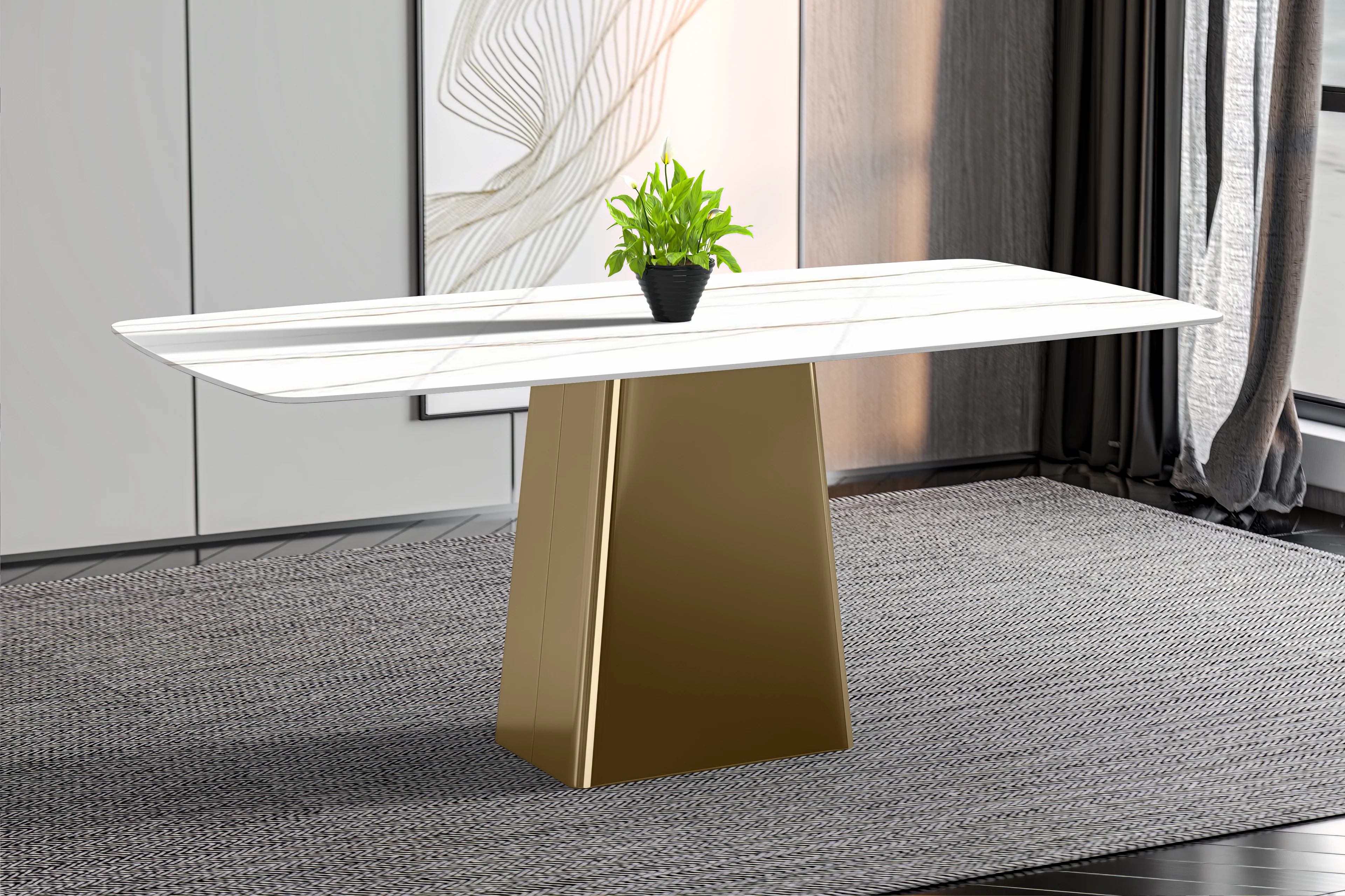 Quinix Series Dining Table, Gold Base With 55" White/Gold Sintered Stone Top