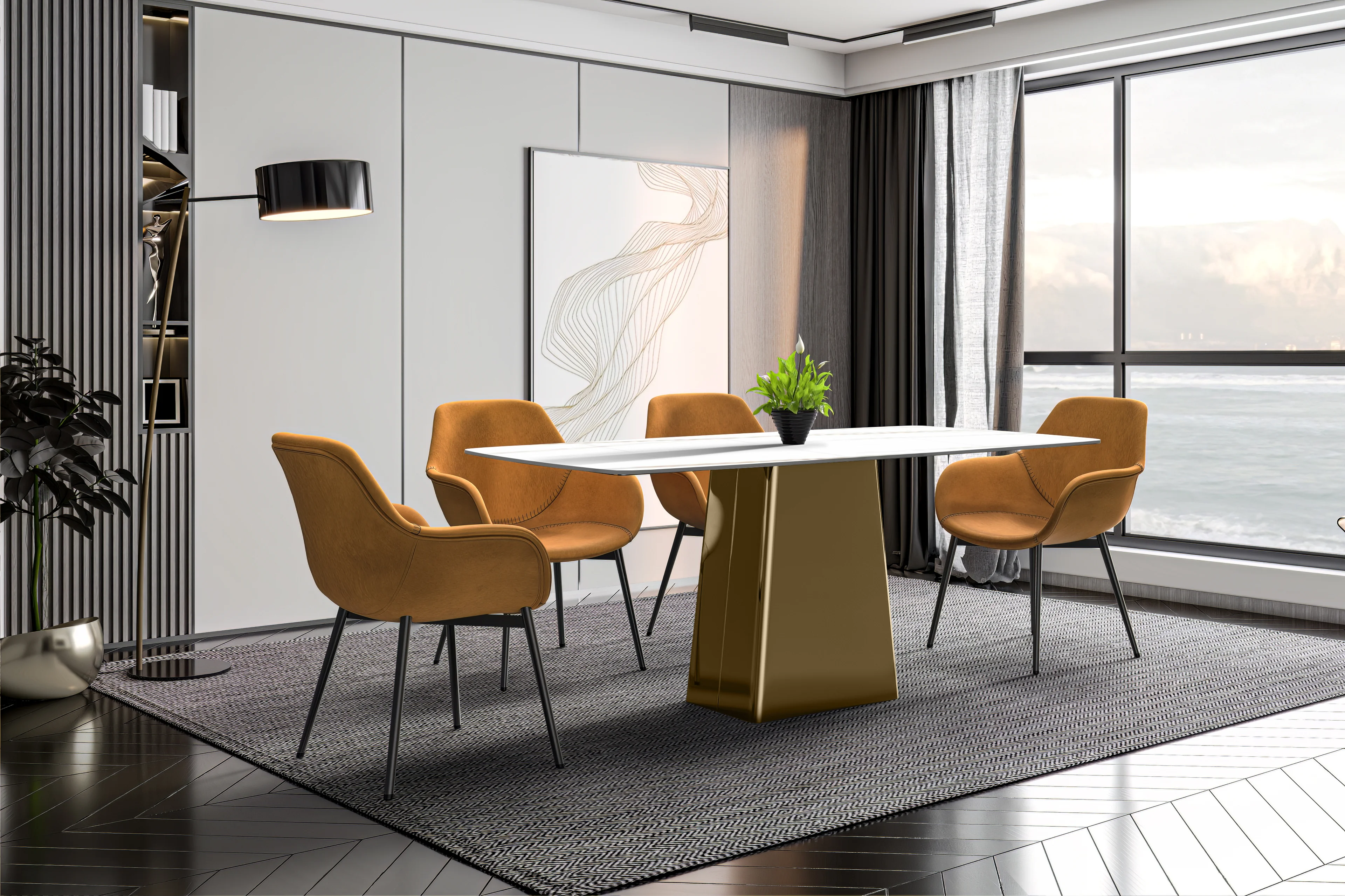 Quinix Series Dining Table, Gold Base With 55" White/Gold Sintered Stone Top