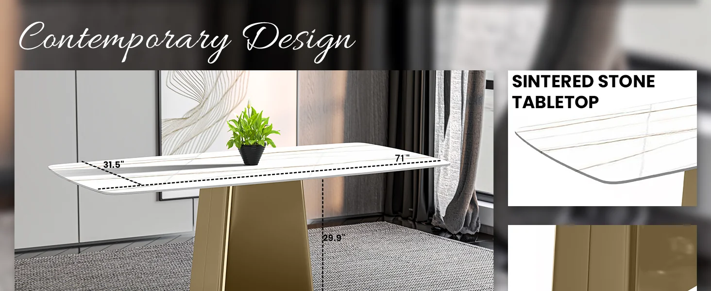 Quinix Series Dining Table, Gold Base With 55" White/Gold Sintered Stone Top