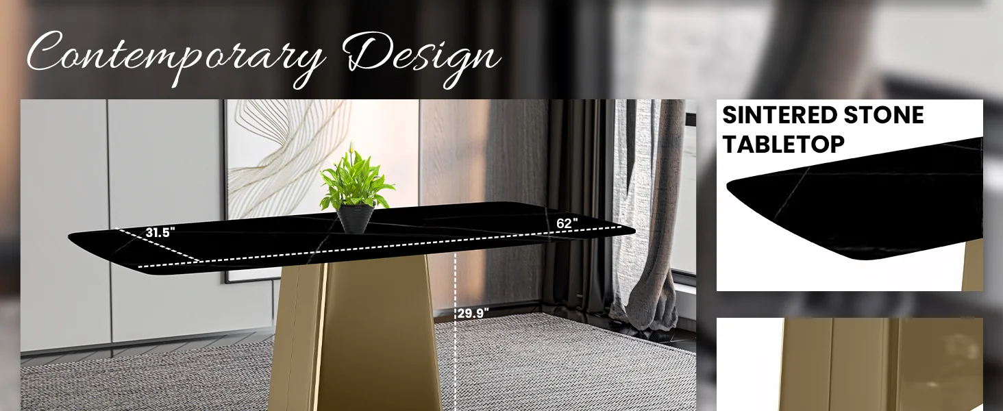 Quinix Series Dining Table, Gold Base With 62" Black Glass Top