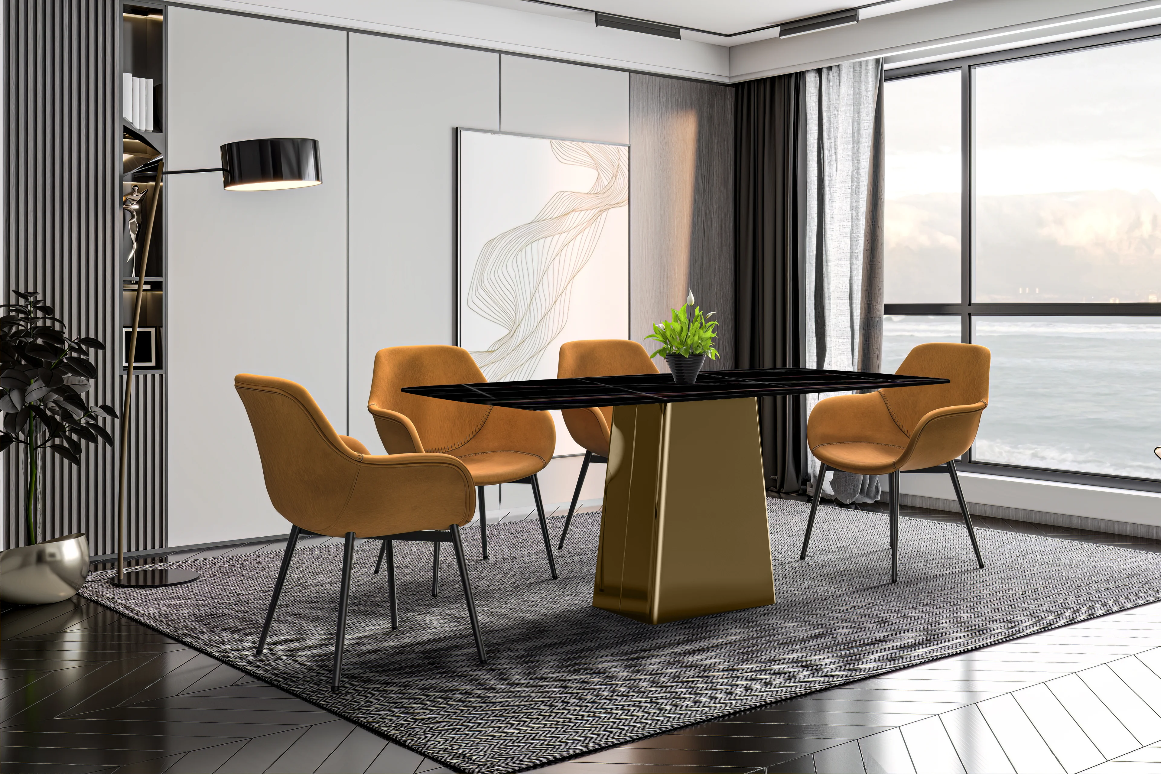 Quinix Series Dining Table, Gold Base With 62" Black/Gold Sintered Stone Top