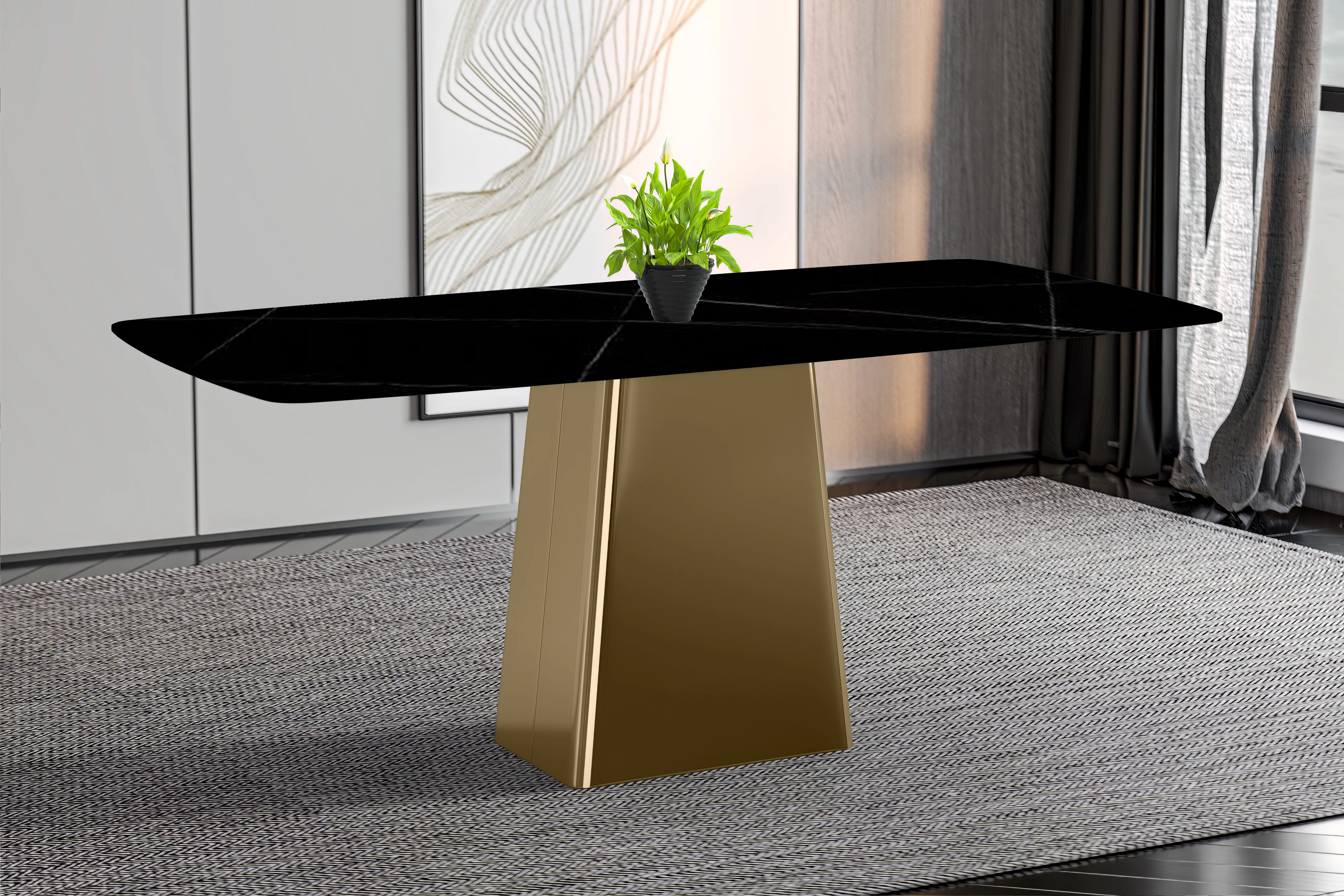 Quinix Series Dining Table, Gold Base With 62" Black/Gold Sintered Stone Top