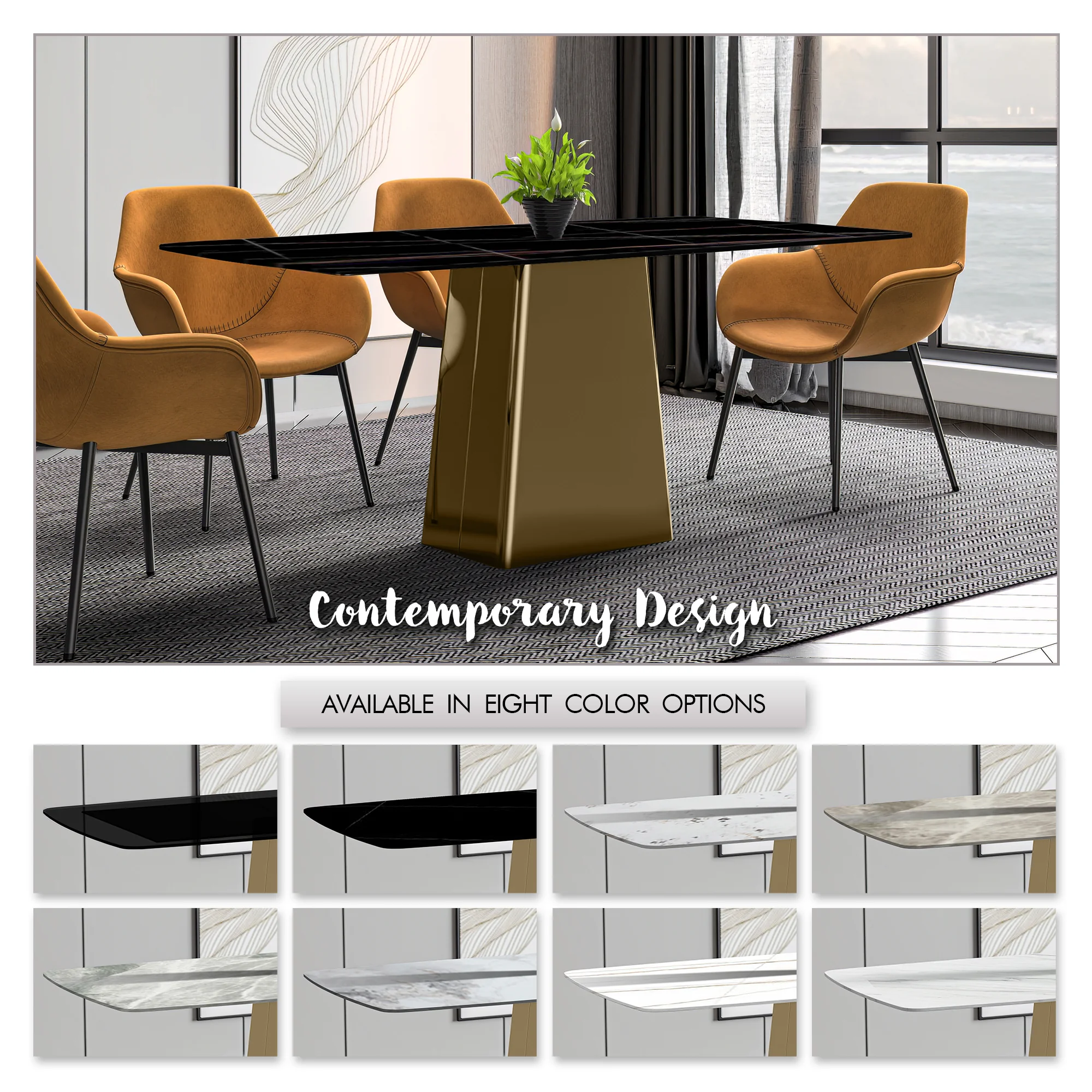 Quinix Series Dining Table, Gold Base With 62" Black/Gold Sintered Stone Top