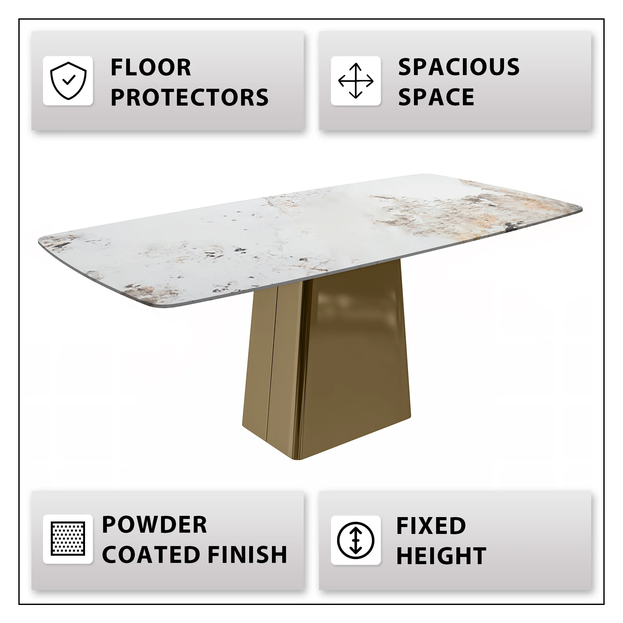 Quinix Series Dining Table, Gold Base With 62" White Grey Sintered Stone Top