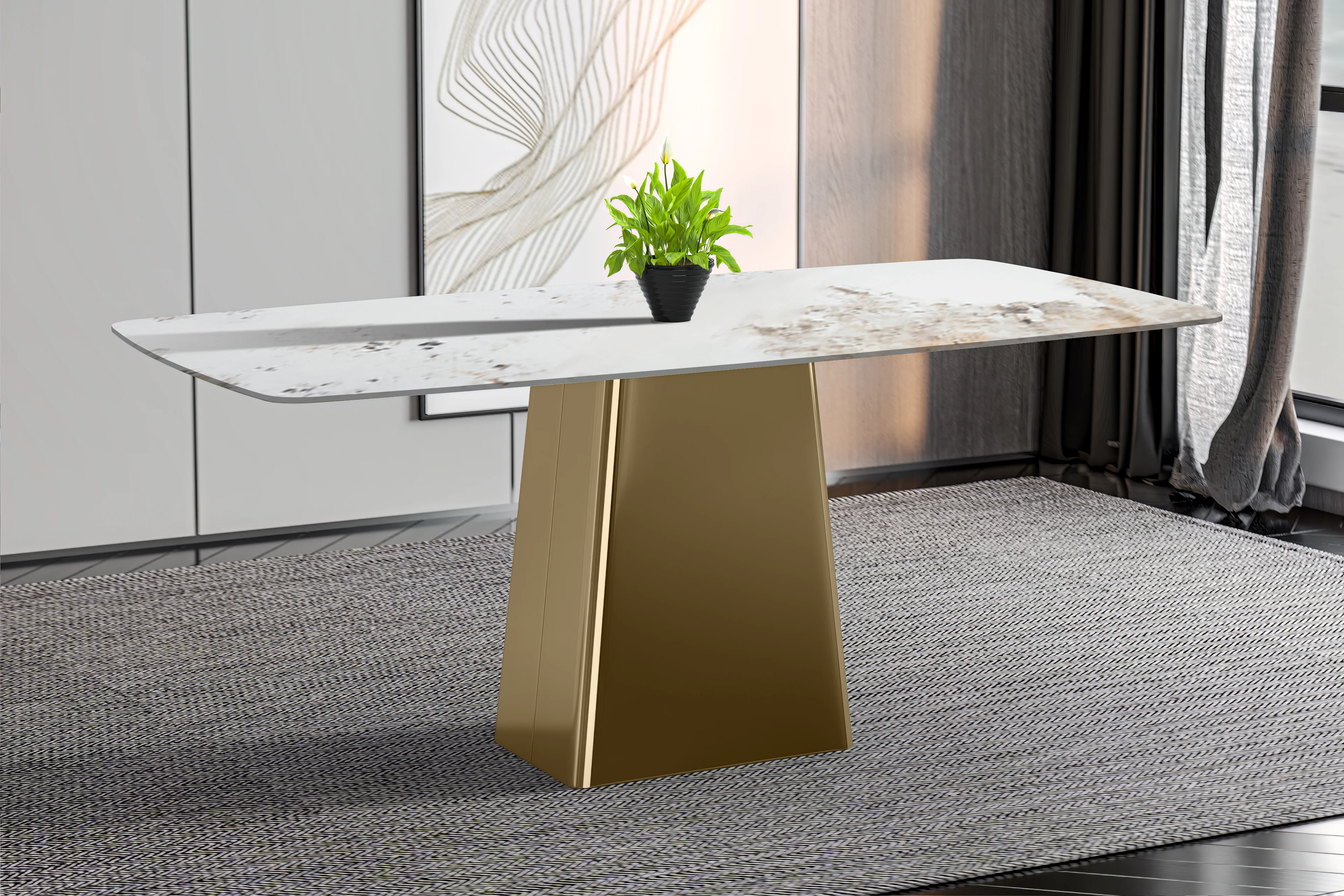 Quinix Series Dining Table, Gold Base With 62" White Grey Sintered Stone Top