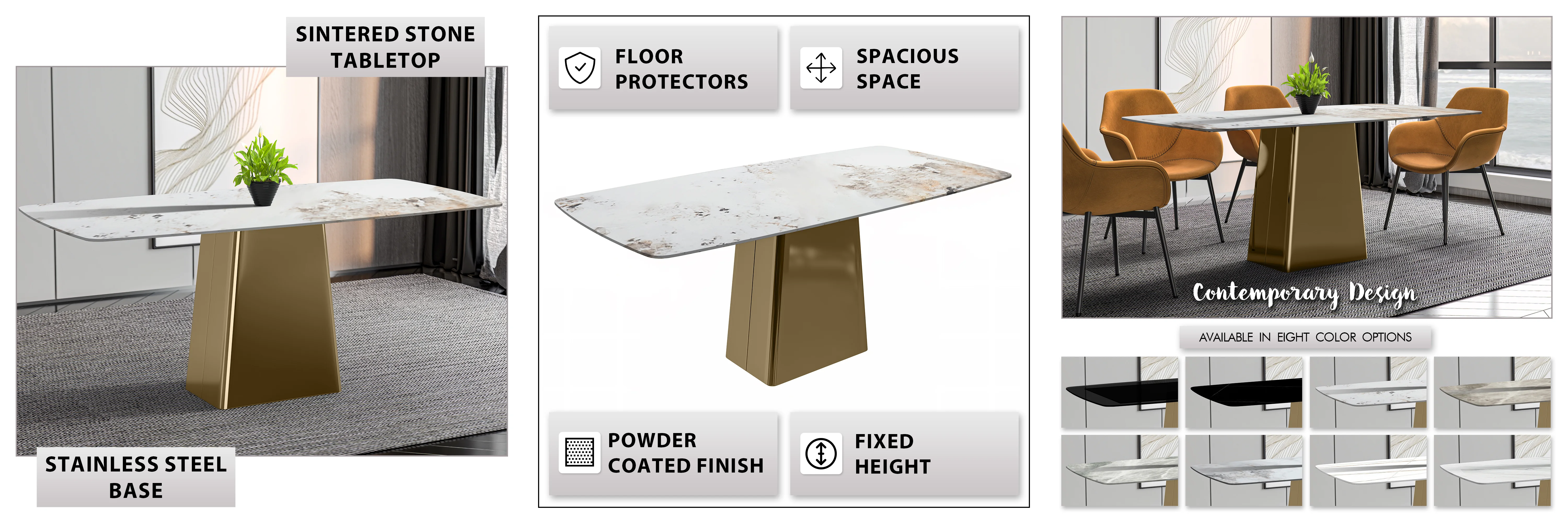 Quinix Series Dining Table, Gold Base With 62" White Grey Sintered Stone Top