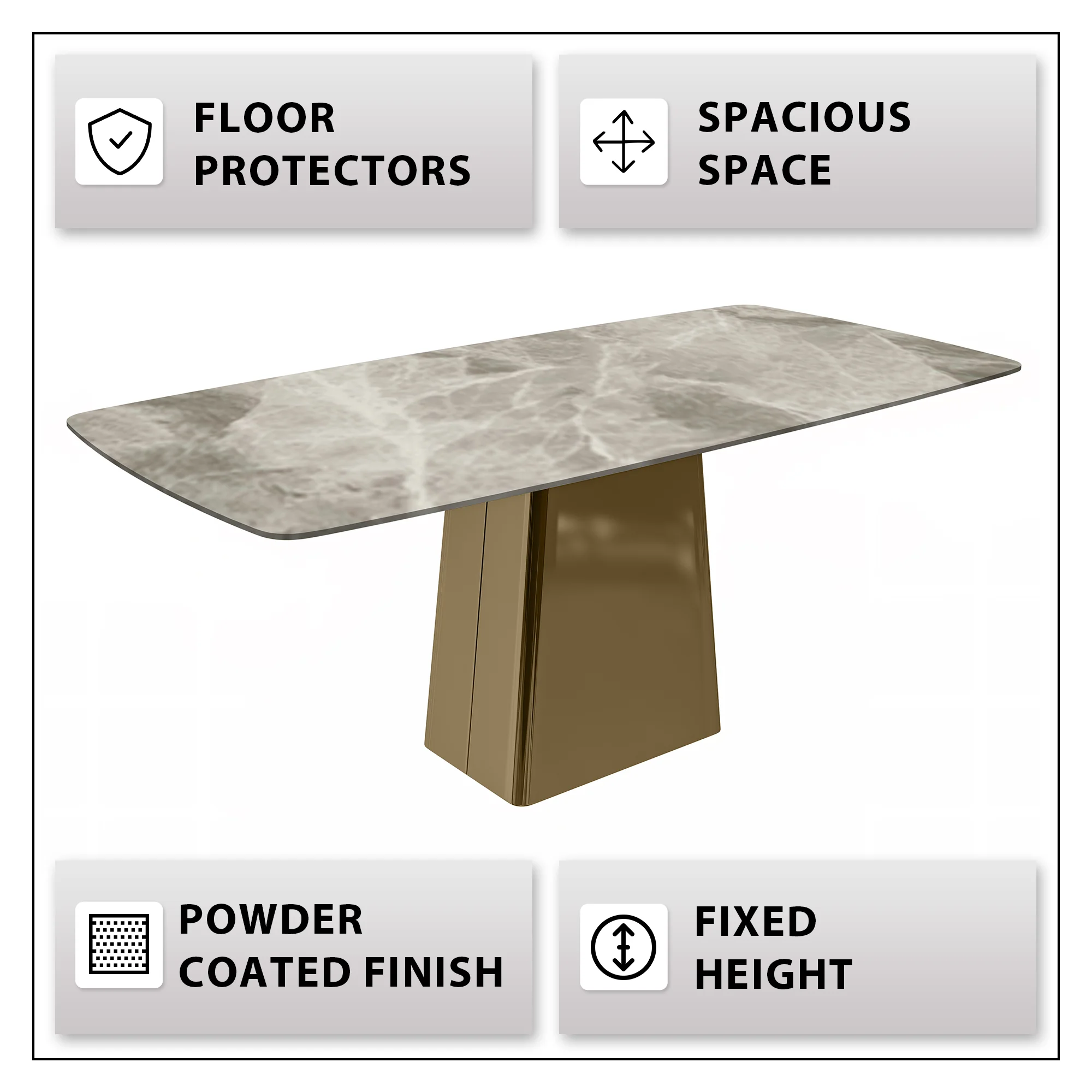 Quinix Series Dining Table, Gold Base With 62" Deep Grey Sintered Stone Top