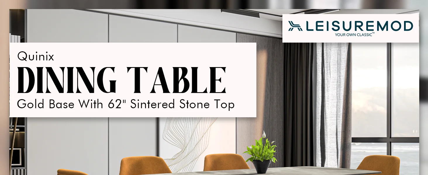 Quinix Series Dining Table, Gold Base With 62" Deep Grey Sintered Stone Top