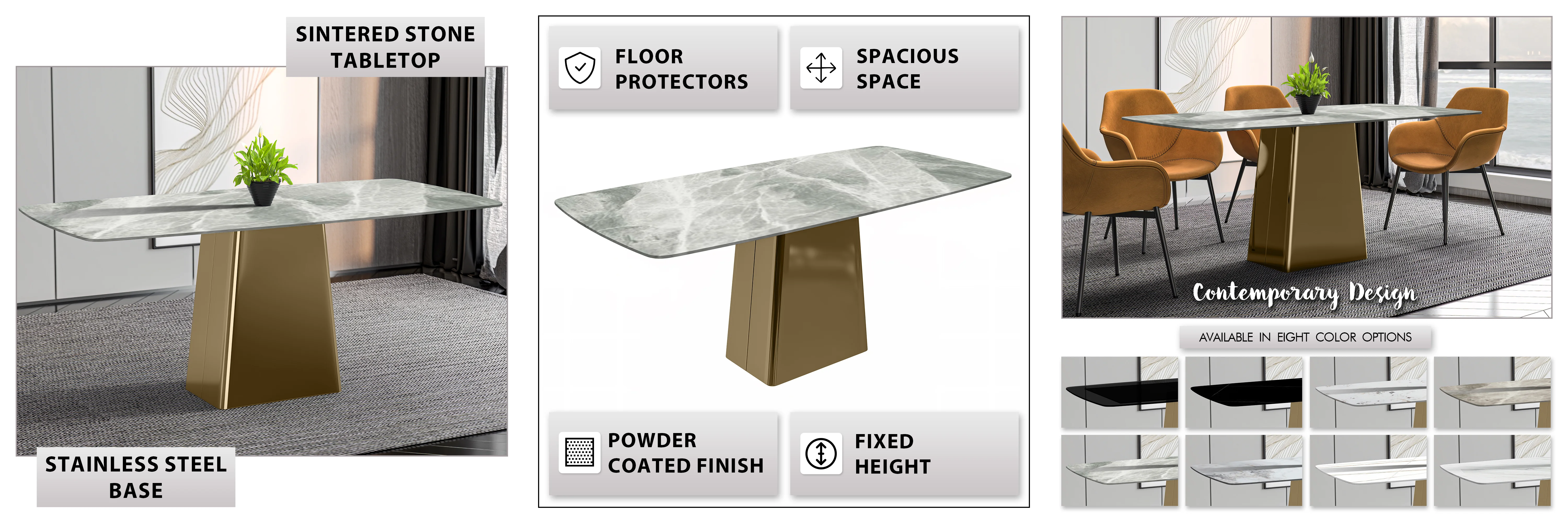 Quinix Series Dining Table, Gold Base With 62" Light Grey Sintered Stone Top