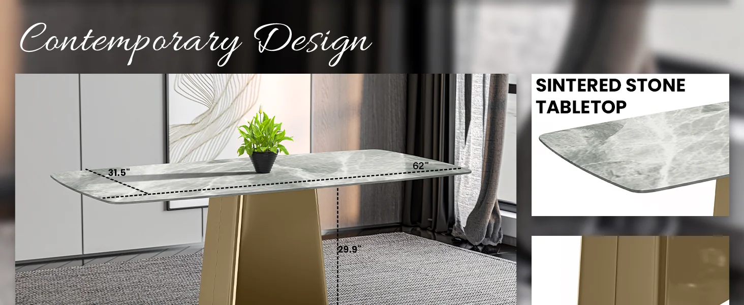 Quinix Series Dining Table, Gold Base With 62" Light Grey Sintered Stone Top