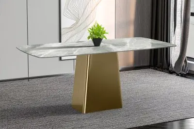 Quinix Series Dining Table, Gold Base With 62" Light Grey Sintered Stone Top